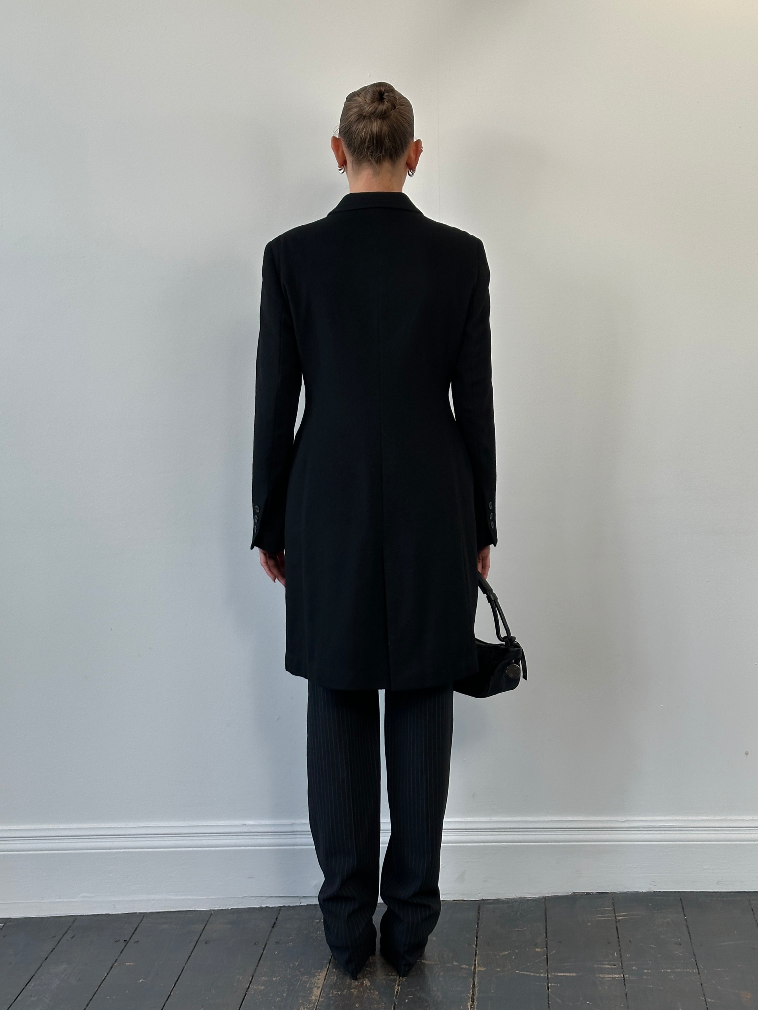 Vintage Italian 1990s wool and cashmere single-breasted coat, medium size, featuring classic design and textured fabric.