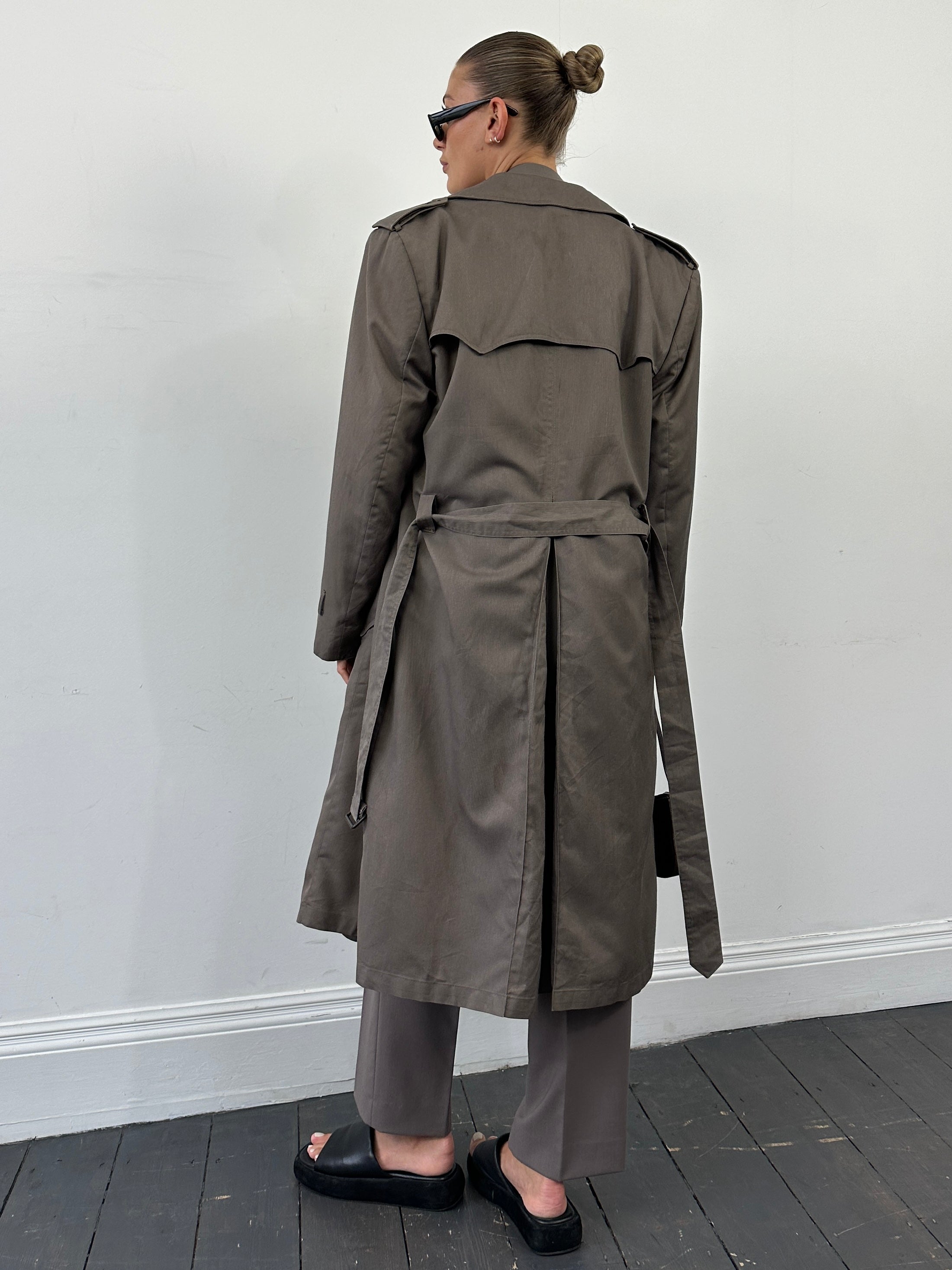 Christian Dior Monsieur double-breasted belted trench coat in XL, beige color, showing front view with belt and classic style.