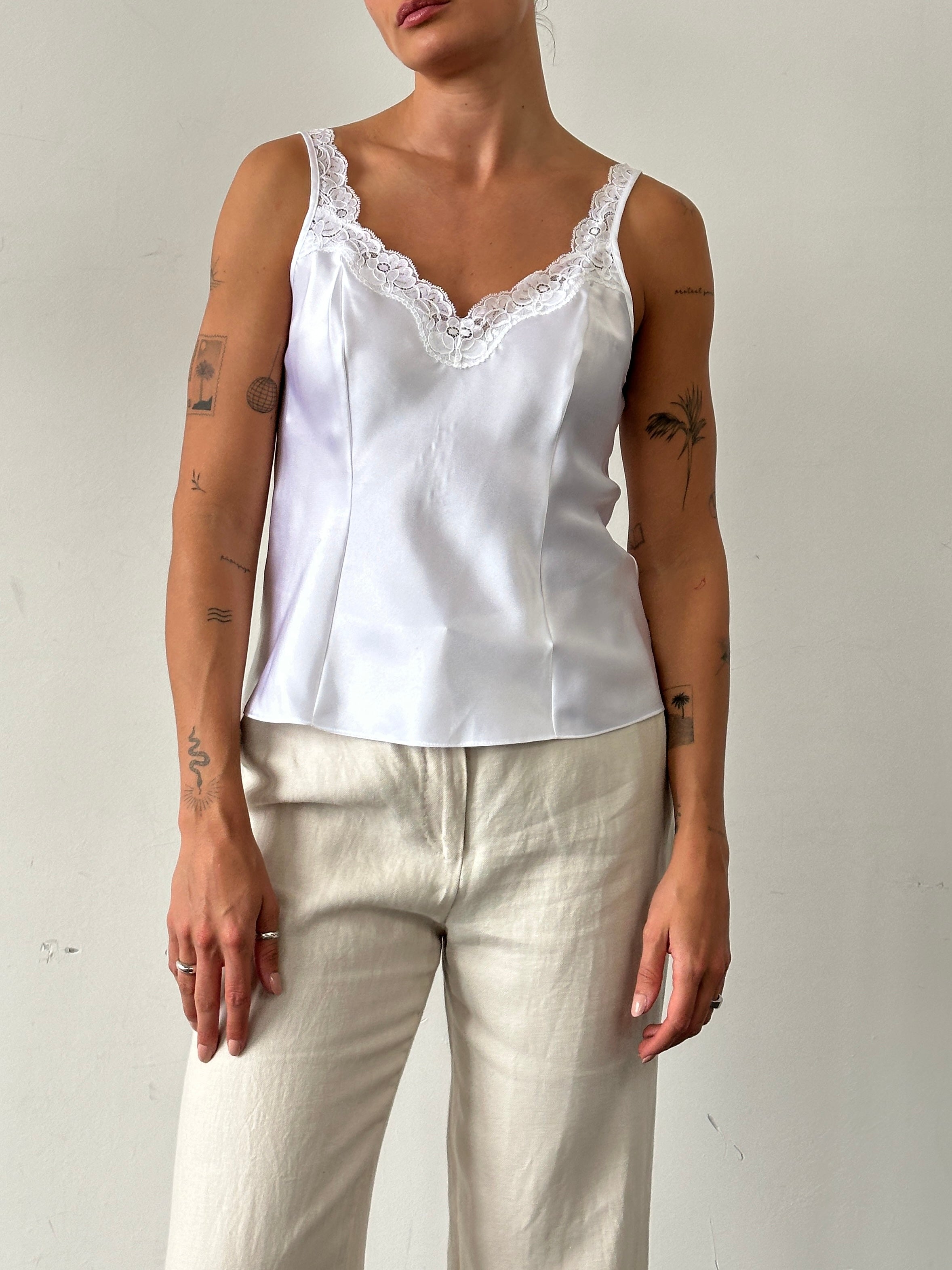 St Michael 90s satin lace cami top in size M with delicate lace details and a silky satin finish, displayed on a hanger.