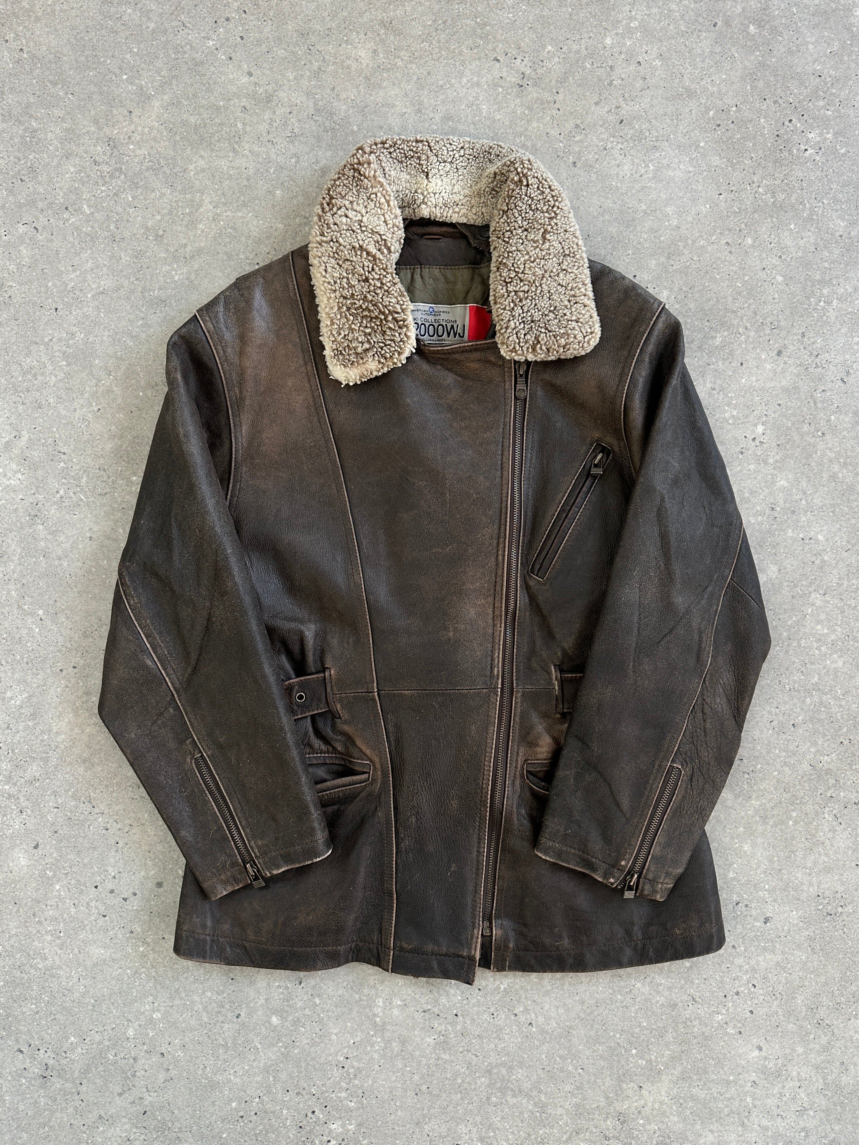 Vintage 1990s aged aviator leather jacket, men's size M, with distressed brown leather and classic collar details.