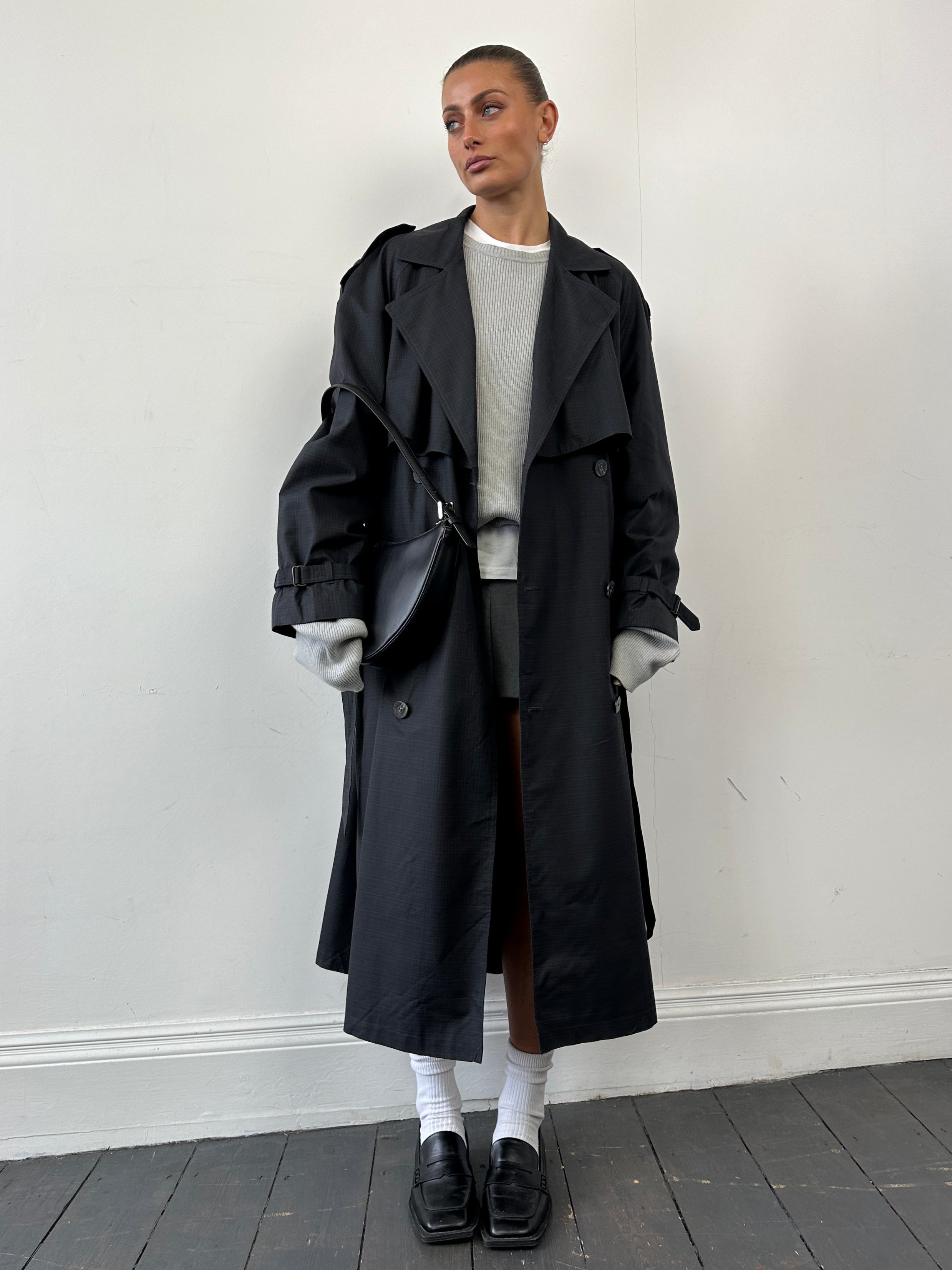 Christian Dior cotton double-breasted belted trench coat in XL, showing classic design and stylish details.