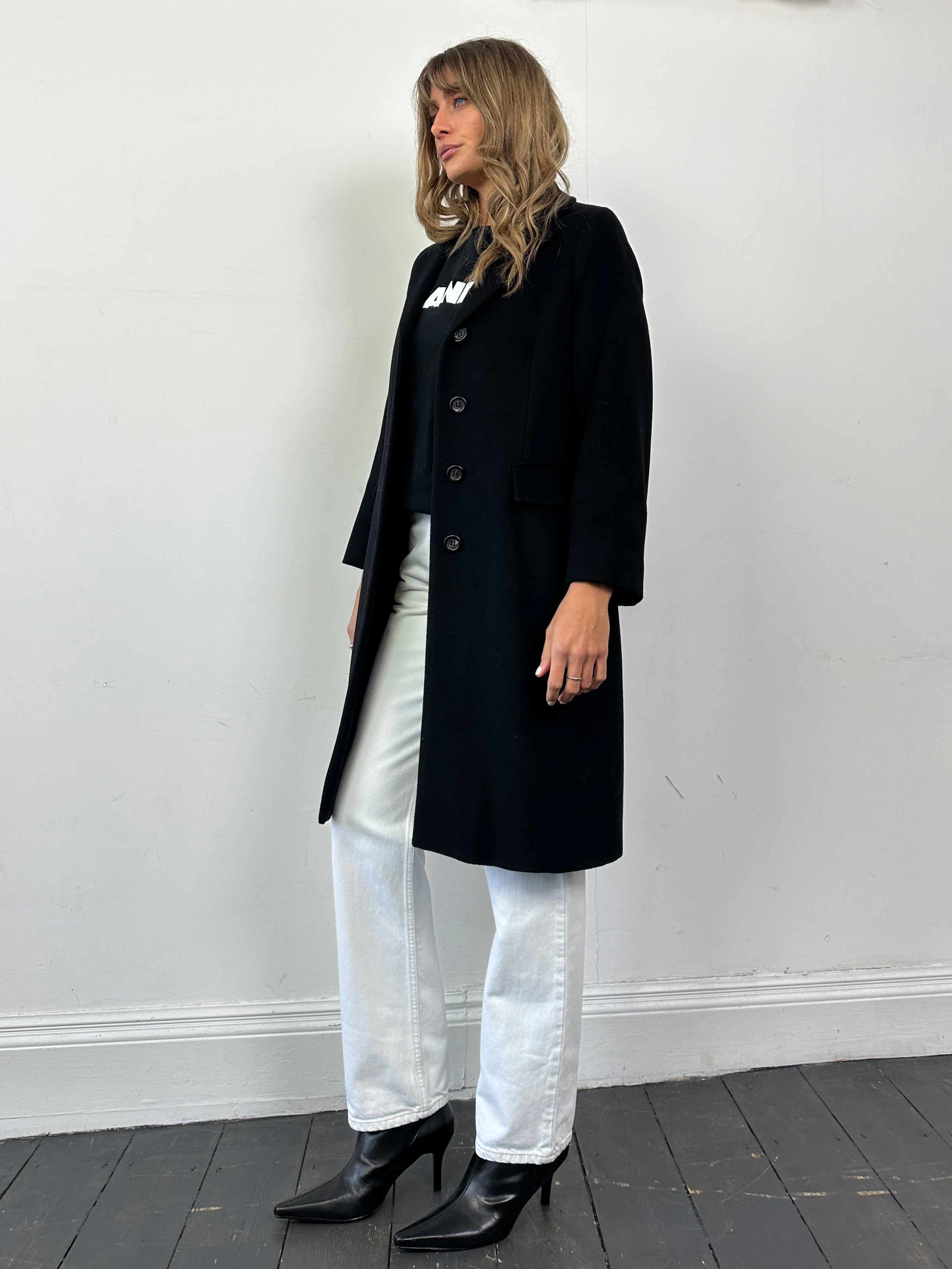 Marella virgin wool single-breasted coat in XS/S, shown in a neutral color, featuring classic lapels and tailored fit.