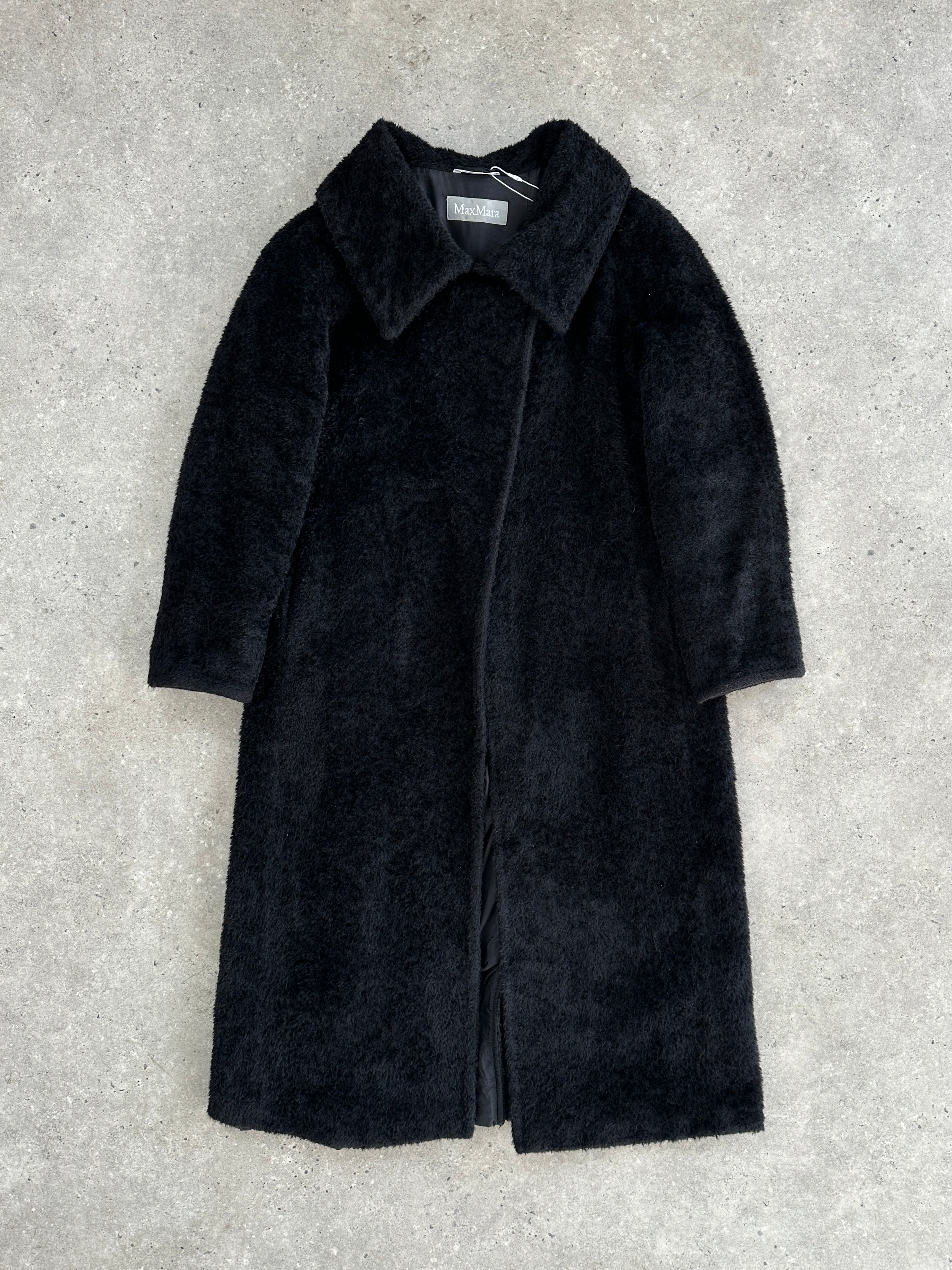 Max Mara Teddy alpaca wool coat in S/M, featuring a plush, textured exterior and classic coat silhouette.