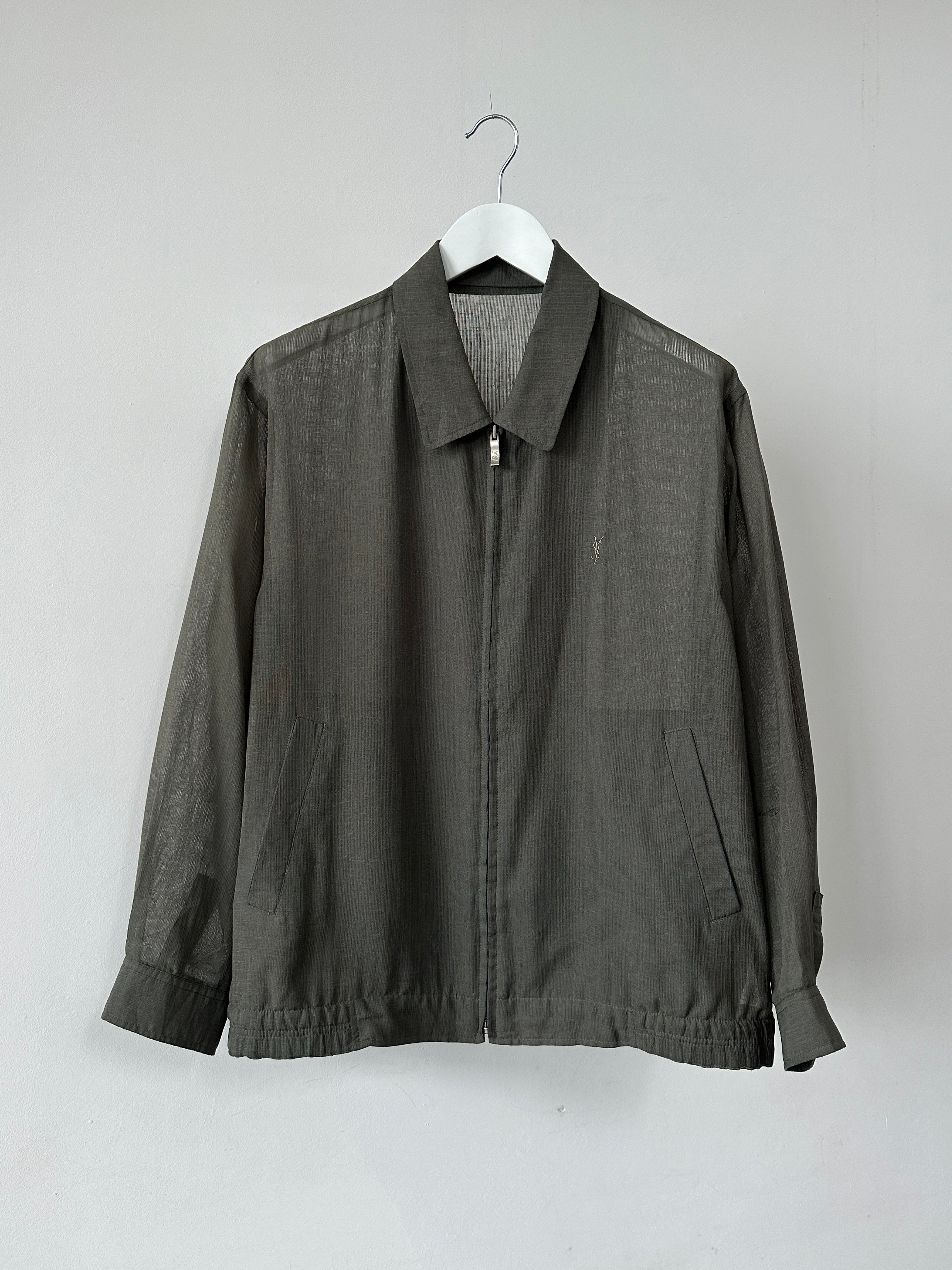 Yves Saint Laurent Pour Homme logo sheer bomber jacket in size L, featuring a sleek design and subtle branding details.