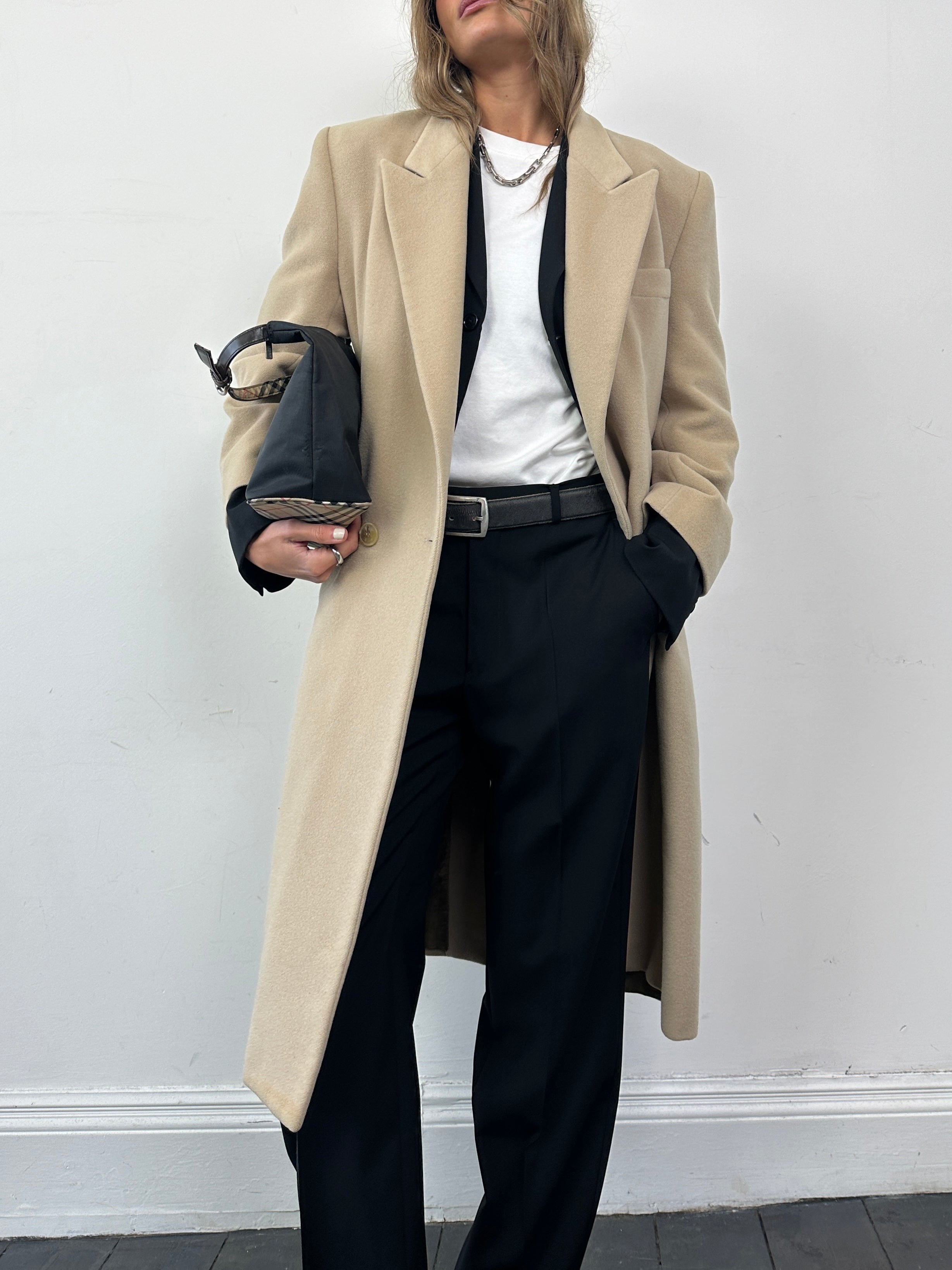 Emporio Armani wool cashmere single-breasted coat in size S, shown on a hanger, featuring classic tailored style and neutral color.