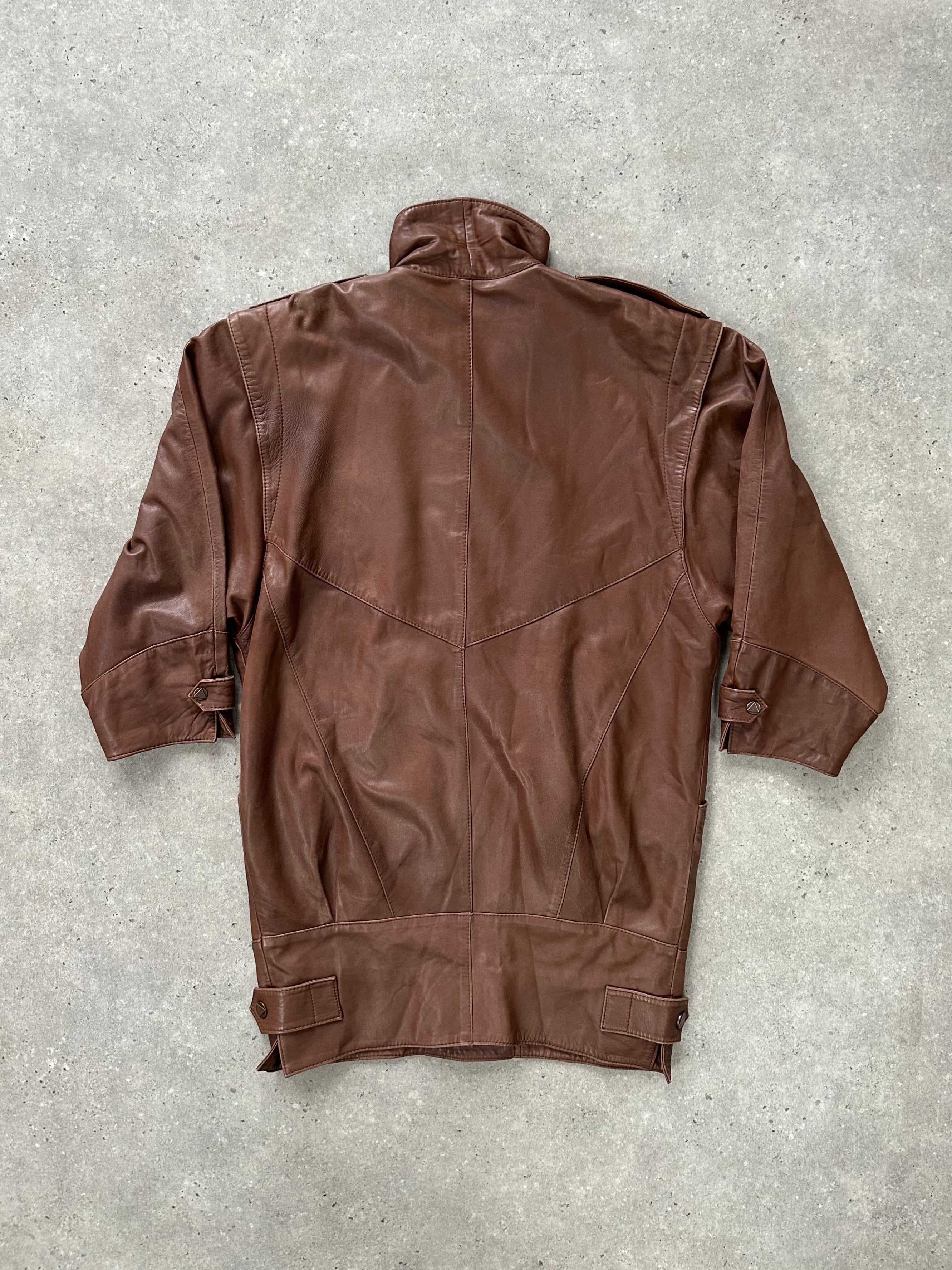 Vintage 1990s Leather High Neck Trench Coat - L - SYLK