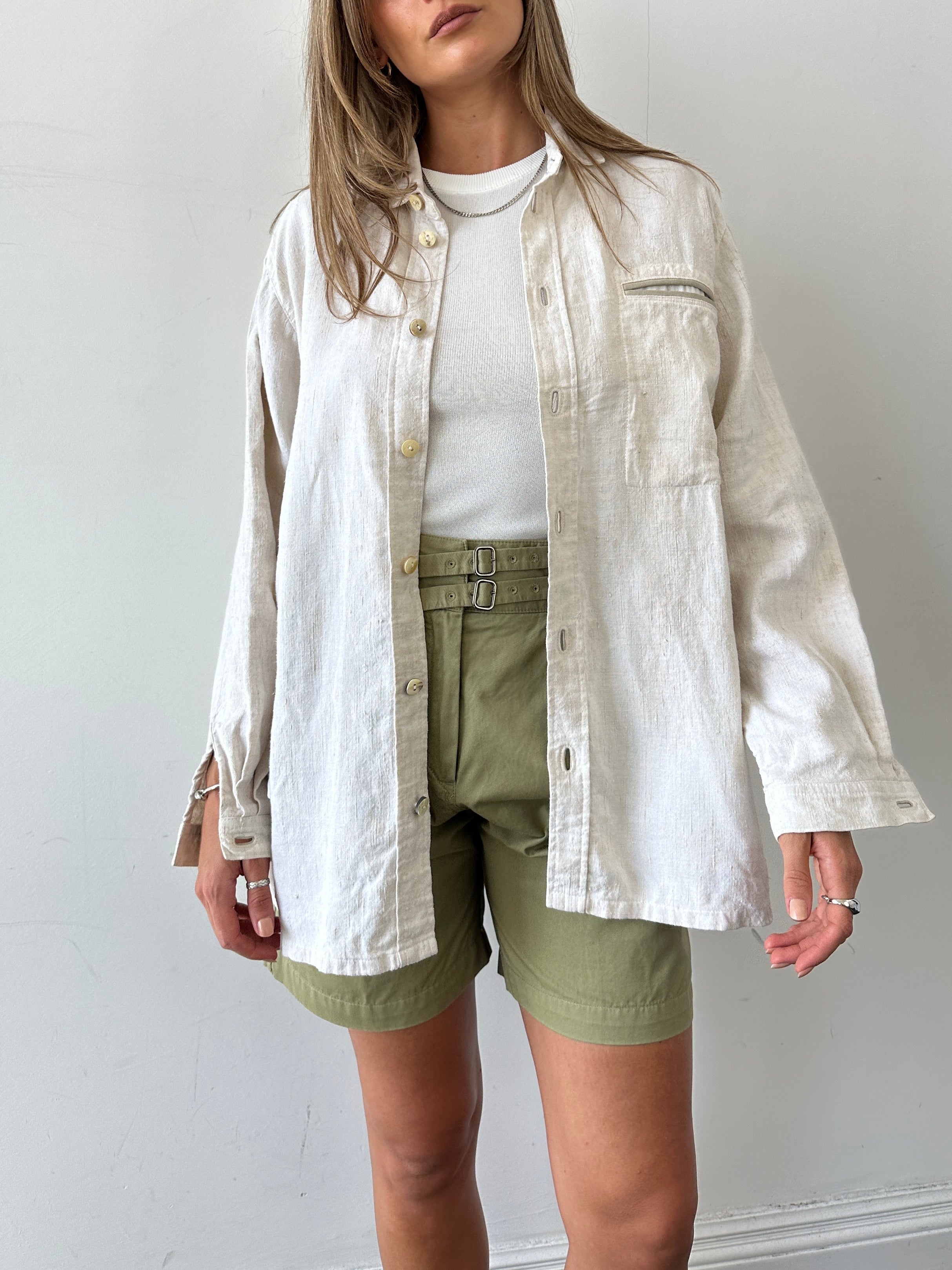 Vintage oversized linen shacket shirt in natural beige, featuring a relaxed fit and classic button details.