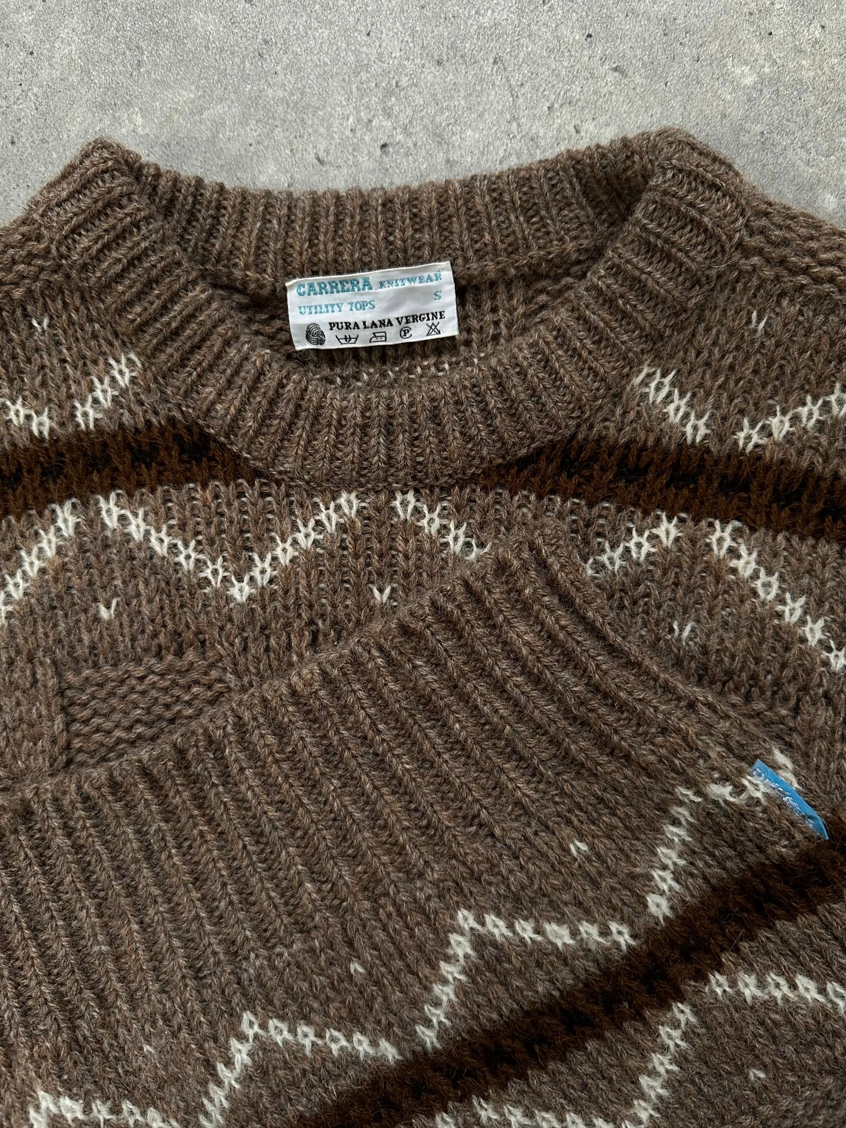 Vintage Italian 1990s pure wool chunky stripe knitted jumper in size L, showcasing bold colorful horizontal stripes and cozy knit texture.