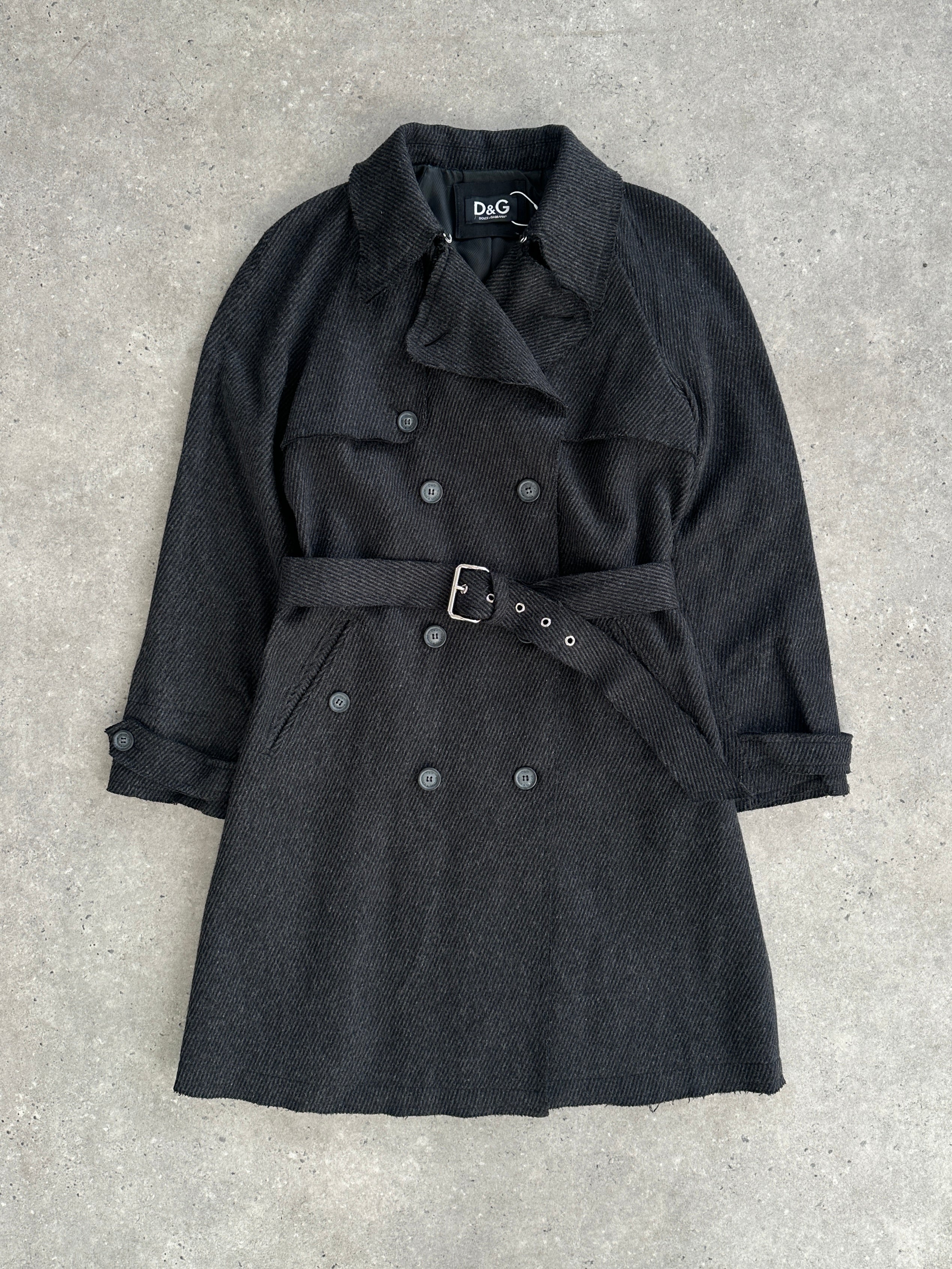 Dolce & Gabbana 2000s wool double-breasted belted coat in size L, featuring classic design and tailored fit.