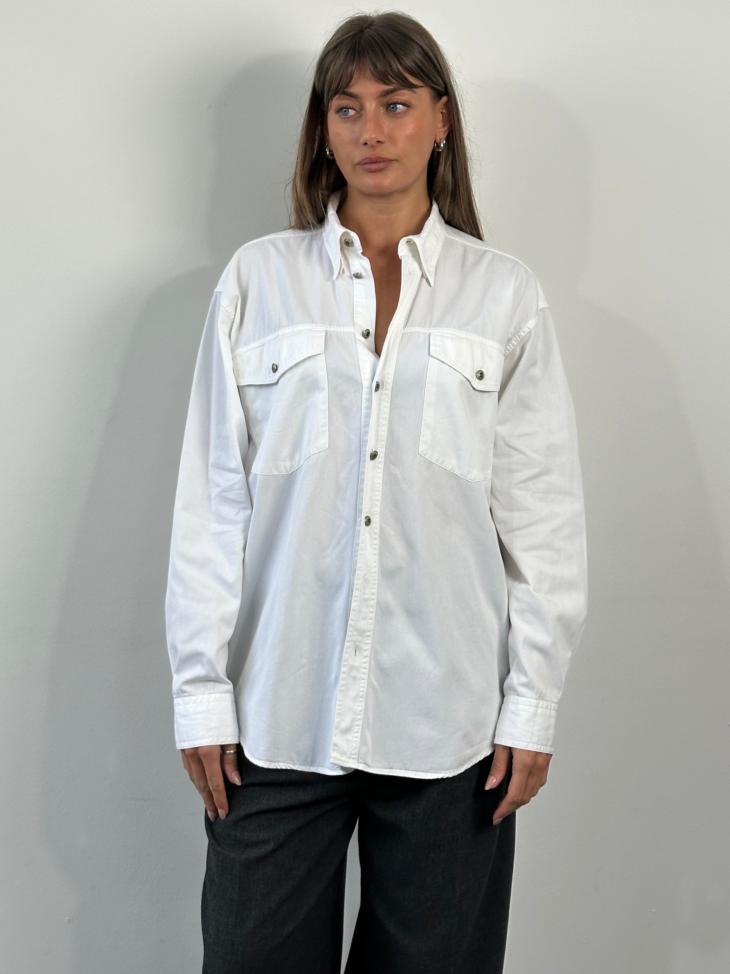 Versace Classic V2 1990s bespoke button shirt in XL, featuring iconic design and tailored fit, displayed on a hanger.