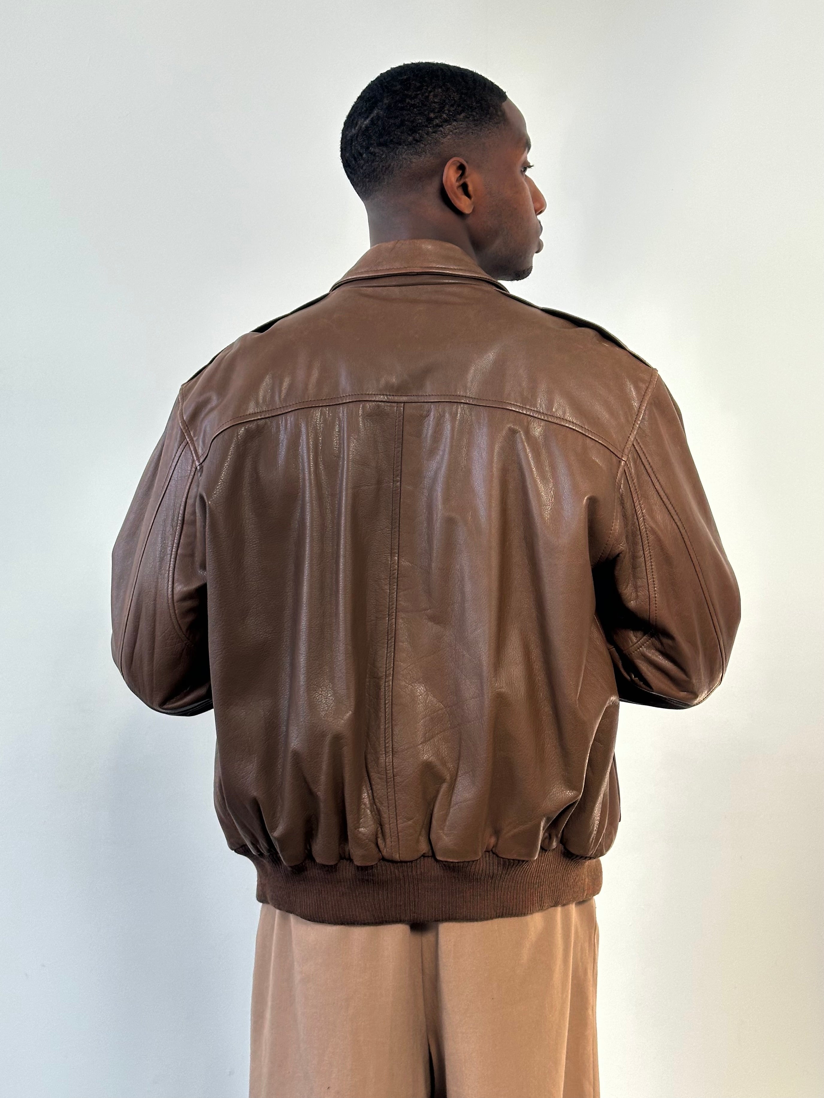 Vintage 1990s  Embroidery Aviator Leather Bomber Jacket - M