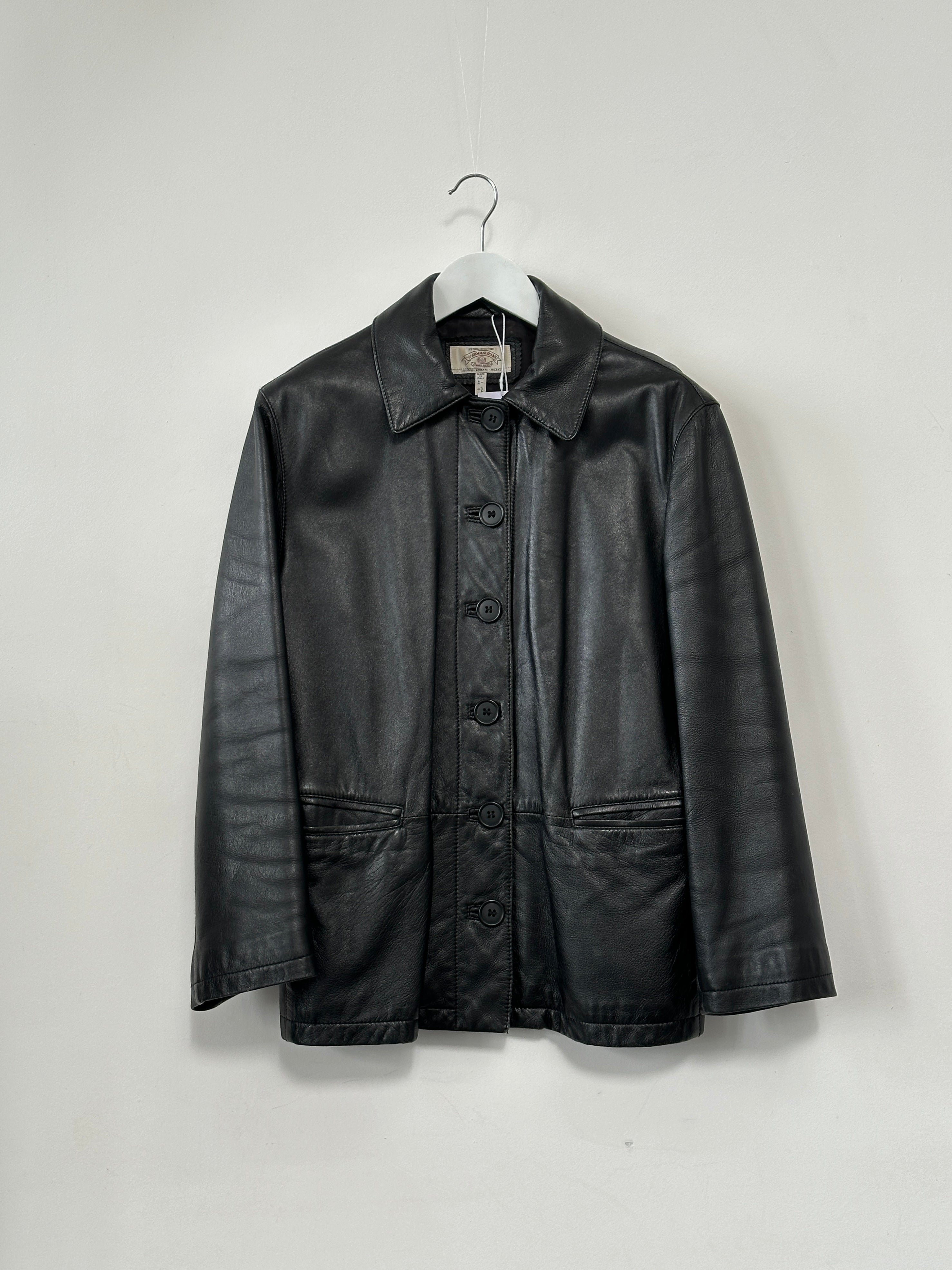 Armani Jeans black leather button-up jacket for men, featuring a classic fit and stylish design.
