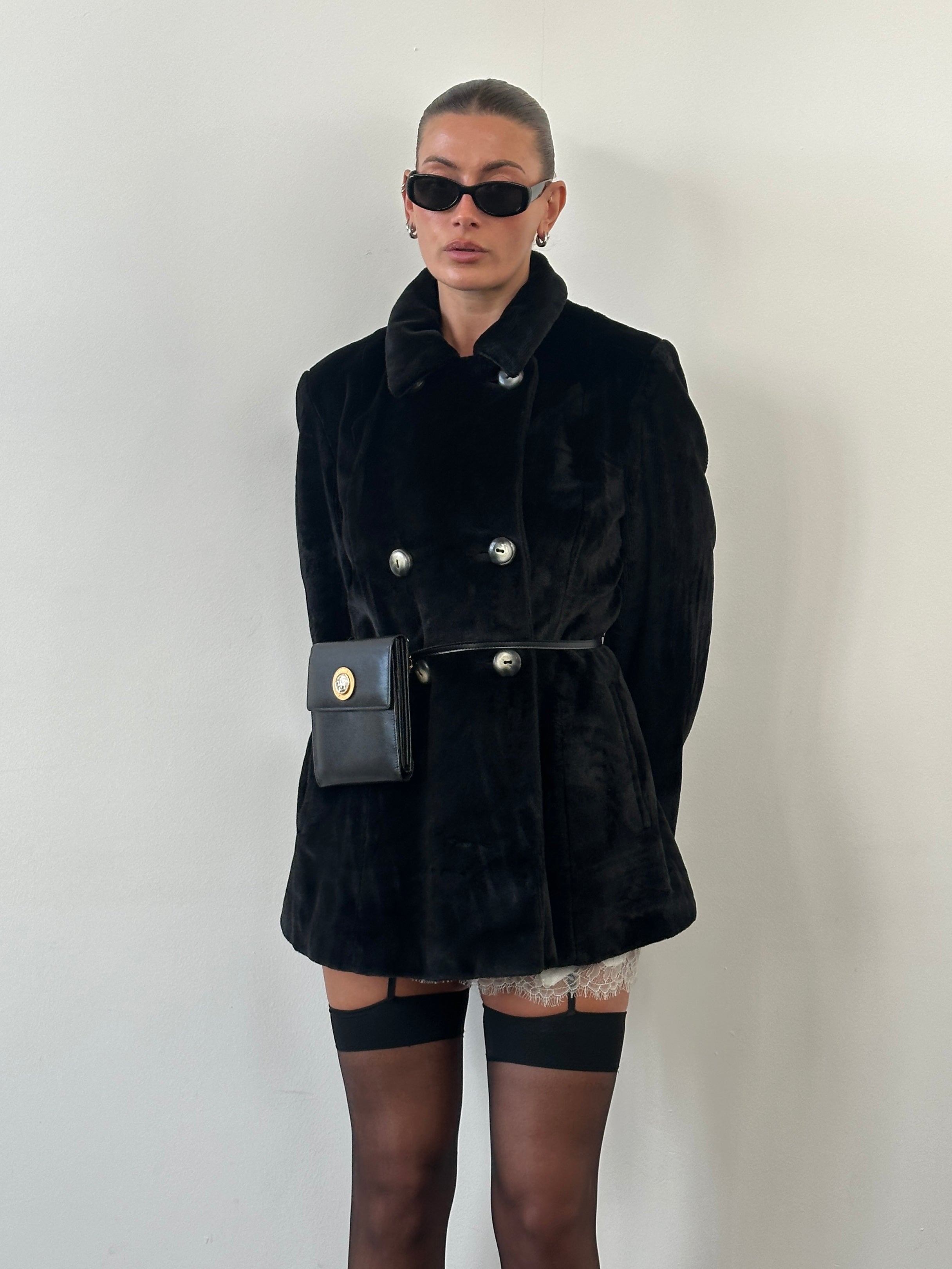 Sportmax 1990s faux fur double-breasted coat in size M/L, featuring a plush texture and classic 90s style.