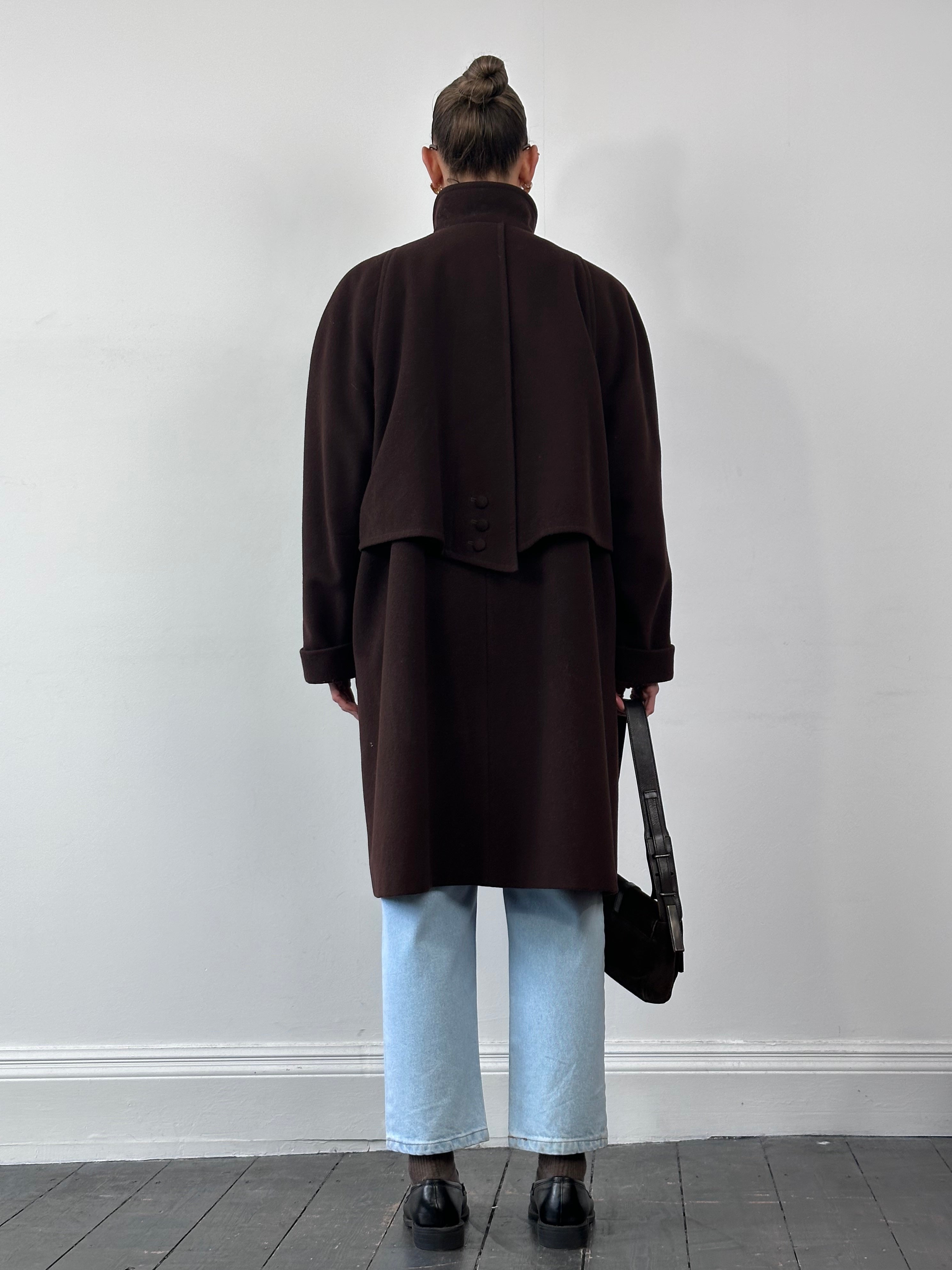 Vintage new wool A-line funnel neck coat in XL, featuring classic design and cozy wool fabric for stylish warmth.