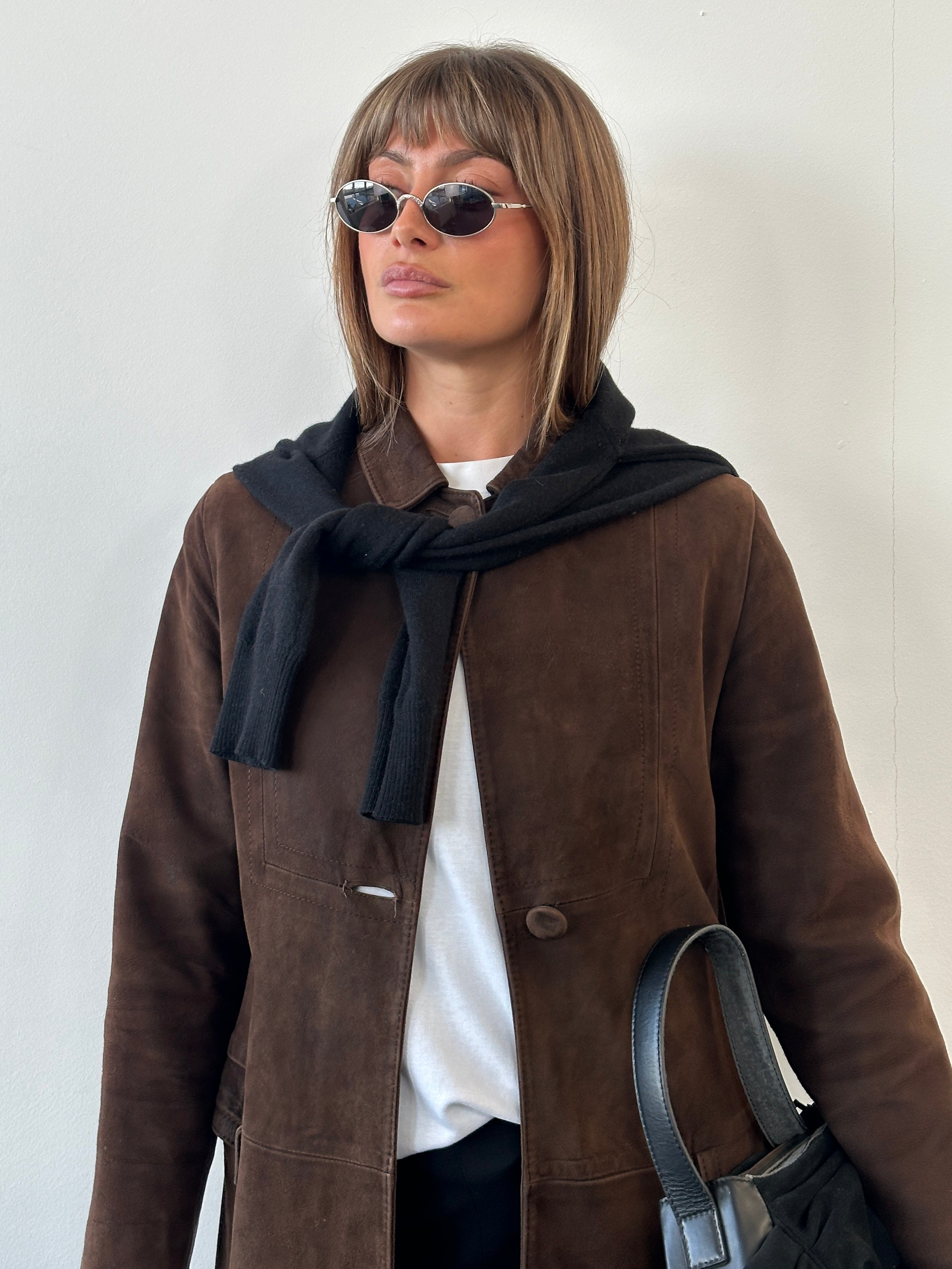 Pierre Balmain alligator suede trench coat, 1980s design, in size S/M, featuring classic tailored jacket style and luxurious texture.