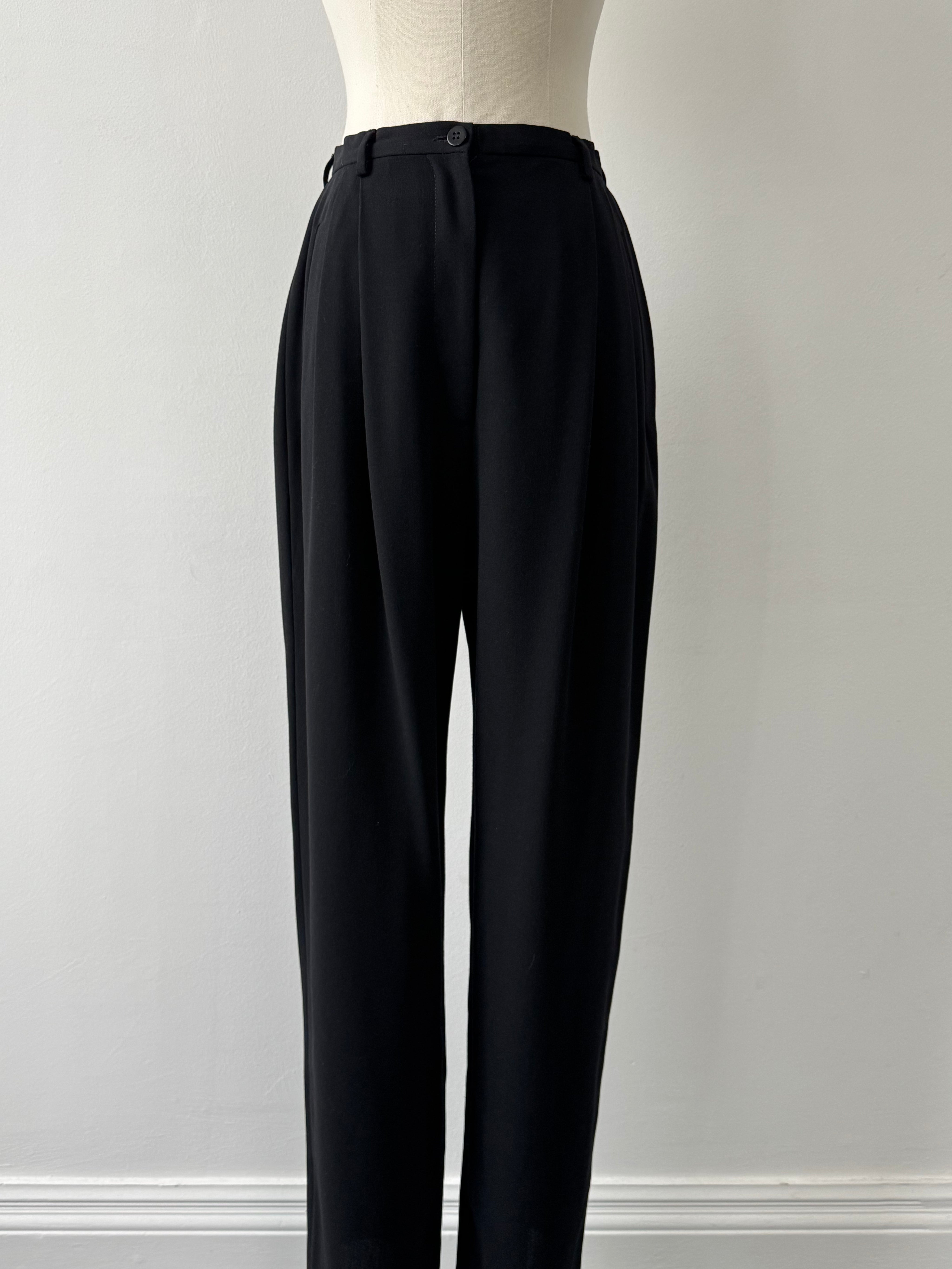 Giorgio Armani 1990s wool straight-leg tailored trousers in dark fabric, front view showing classic design and tailored fit
