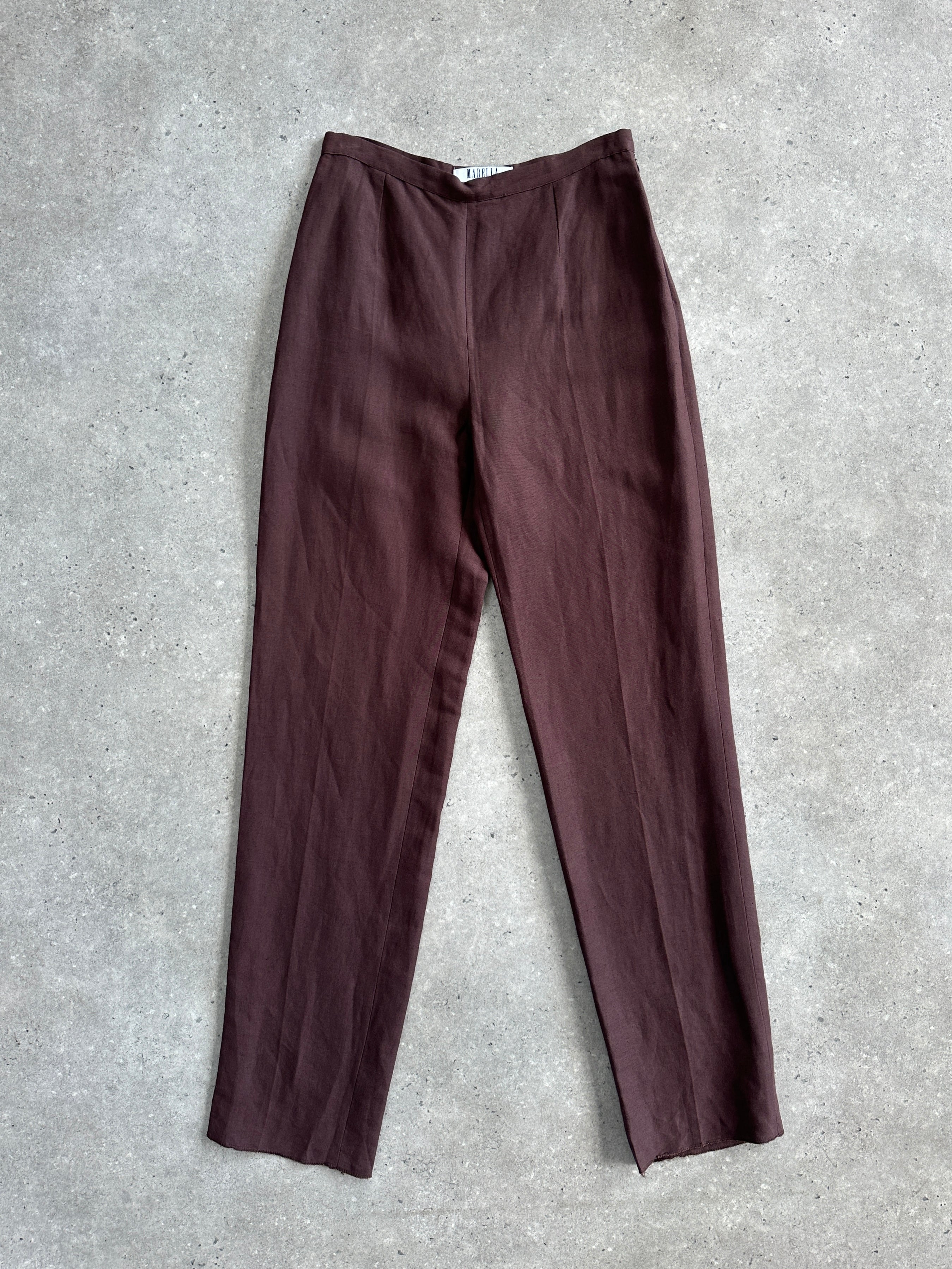 Marella linen high-waisted trousers in W26, featuring a relaxed fit and tailored design, beige color, and front pockets.