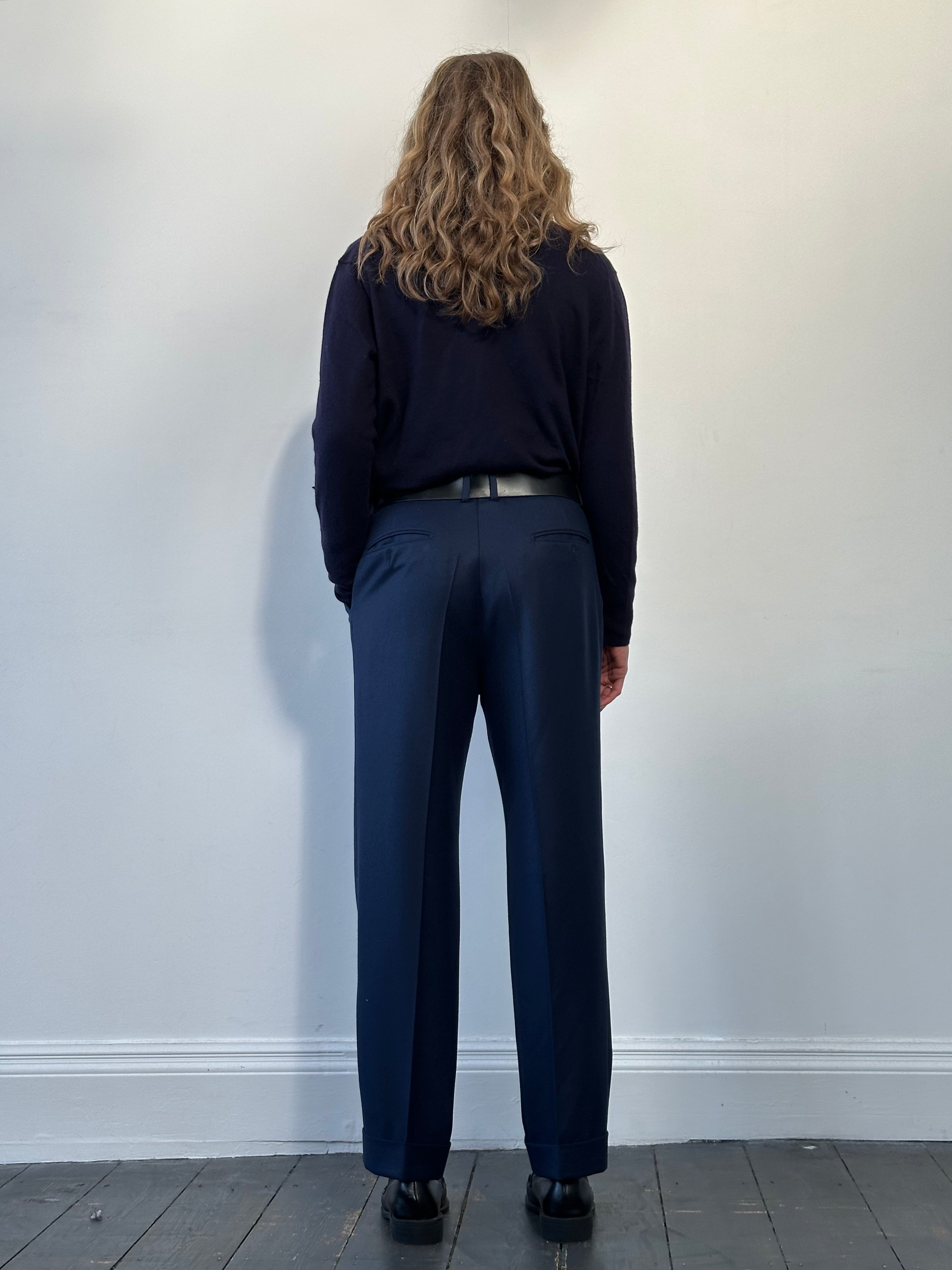Vintage Italian vintage pure brushed wool tailored trousers, W32, with classic fit and subtle texture visible in the image.