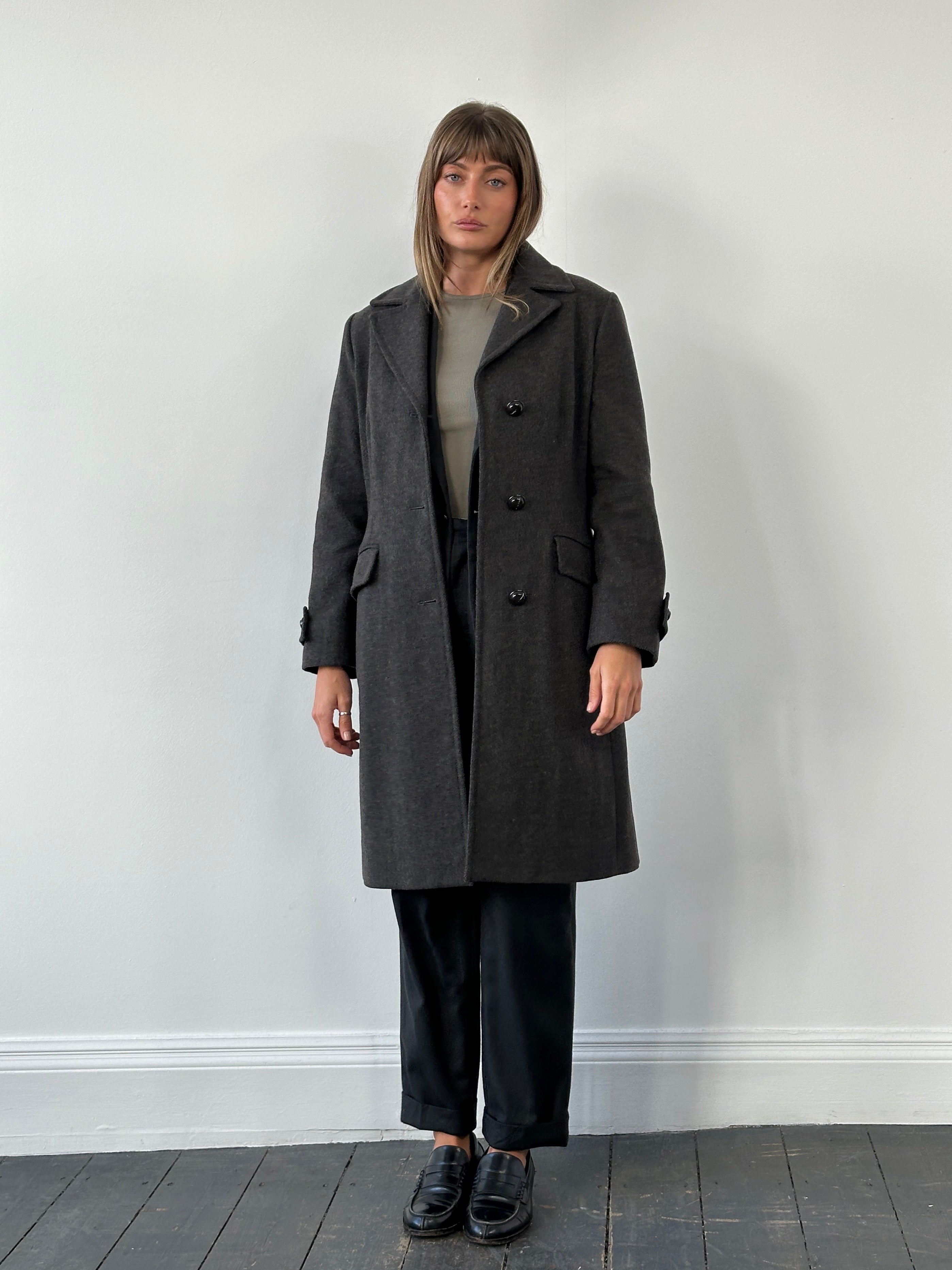Marella 2000s wool single-breasted coat in size M, stylish and warm with classic design, shown on a hanger.