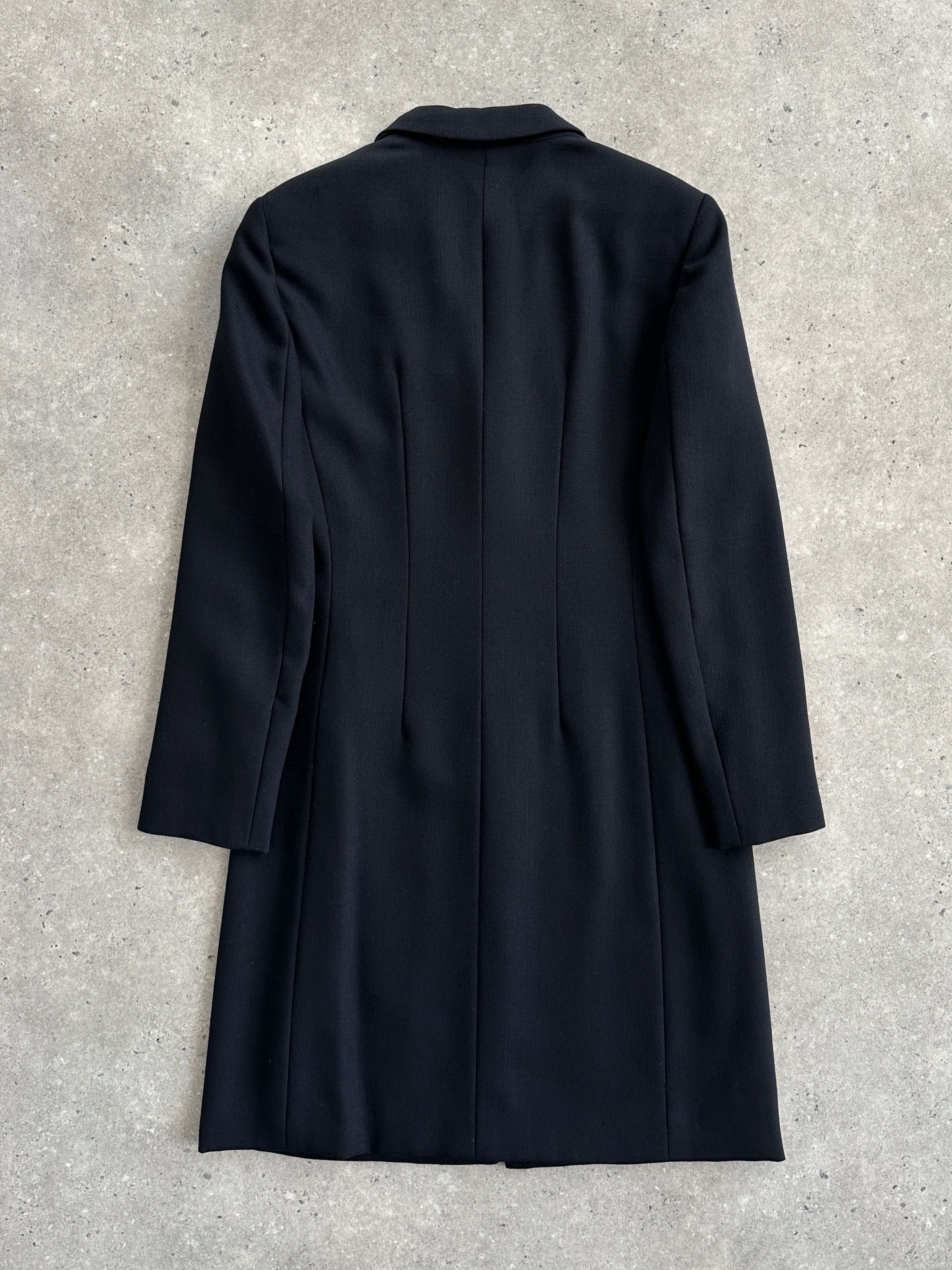 Giorgio Armani Le Collezioni 1990s pure wool single-breasted coat in size S, shown hanging with classic tailored design.