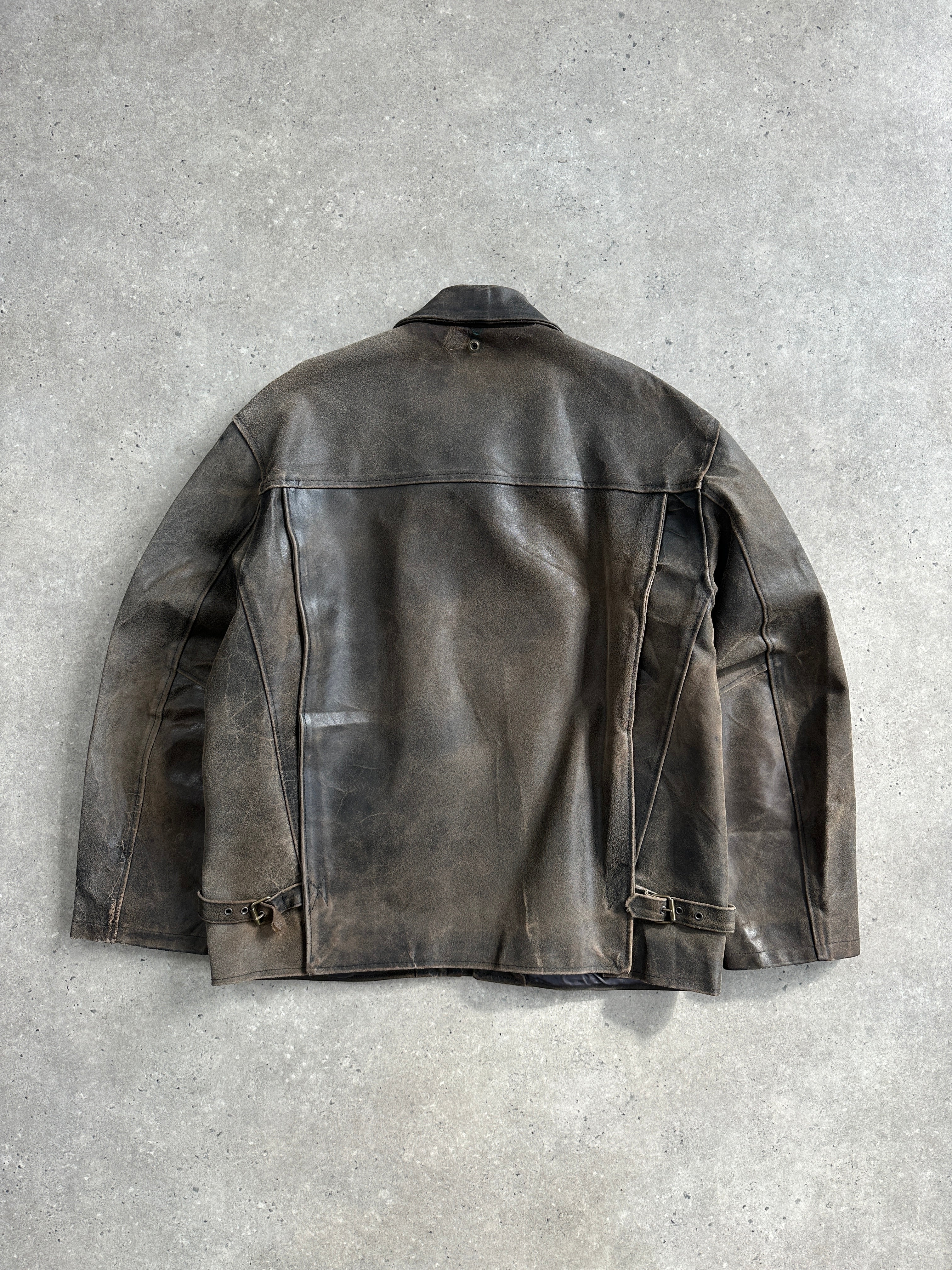 Vintage 1980s distressed leather jacket in XL, showcasing rugged texture and classic style with worn-in leather detail.