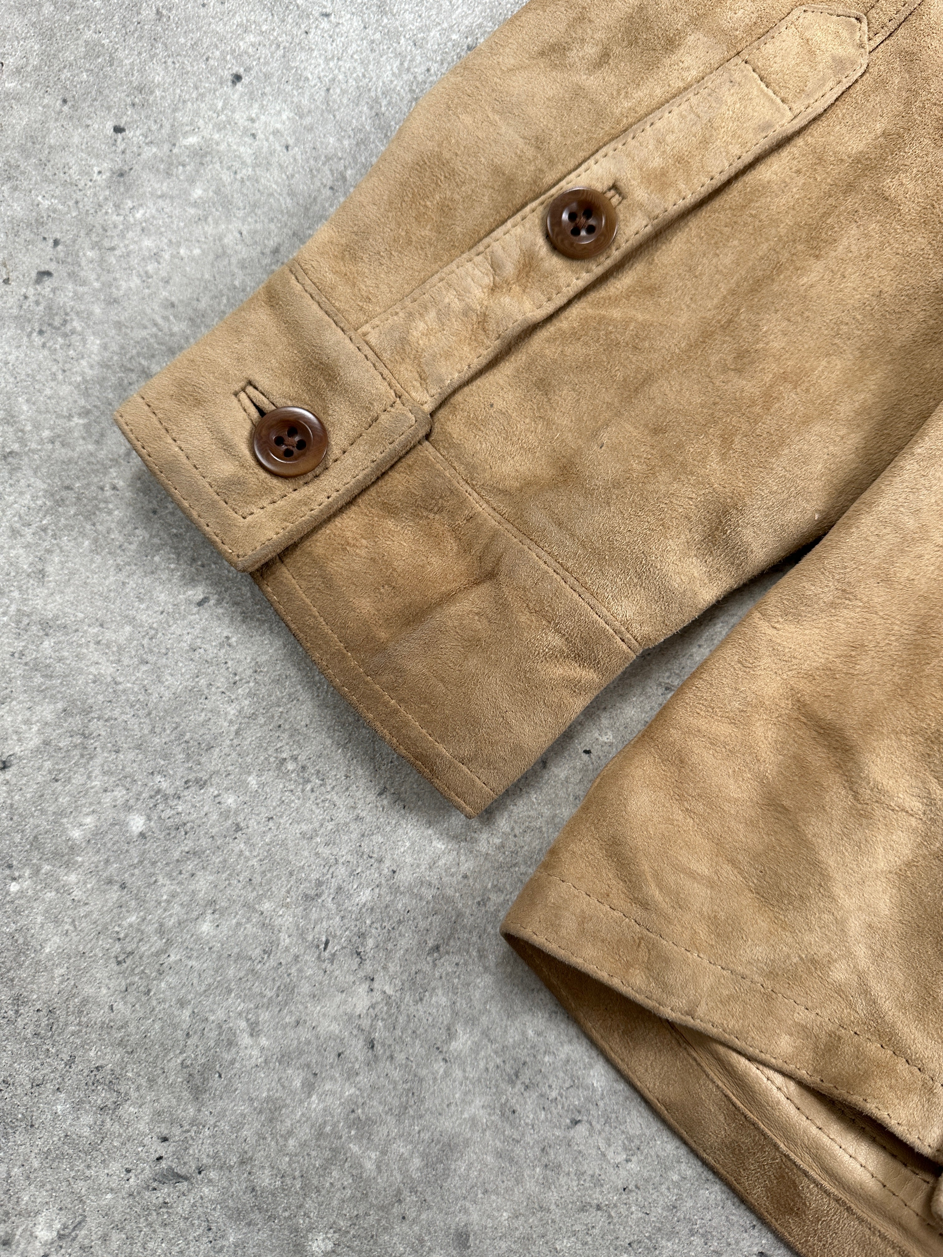 Ralph Lauren Polo 2000s safari suede jacket in XL, featuring a classic tan design with collar and button details.