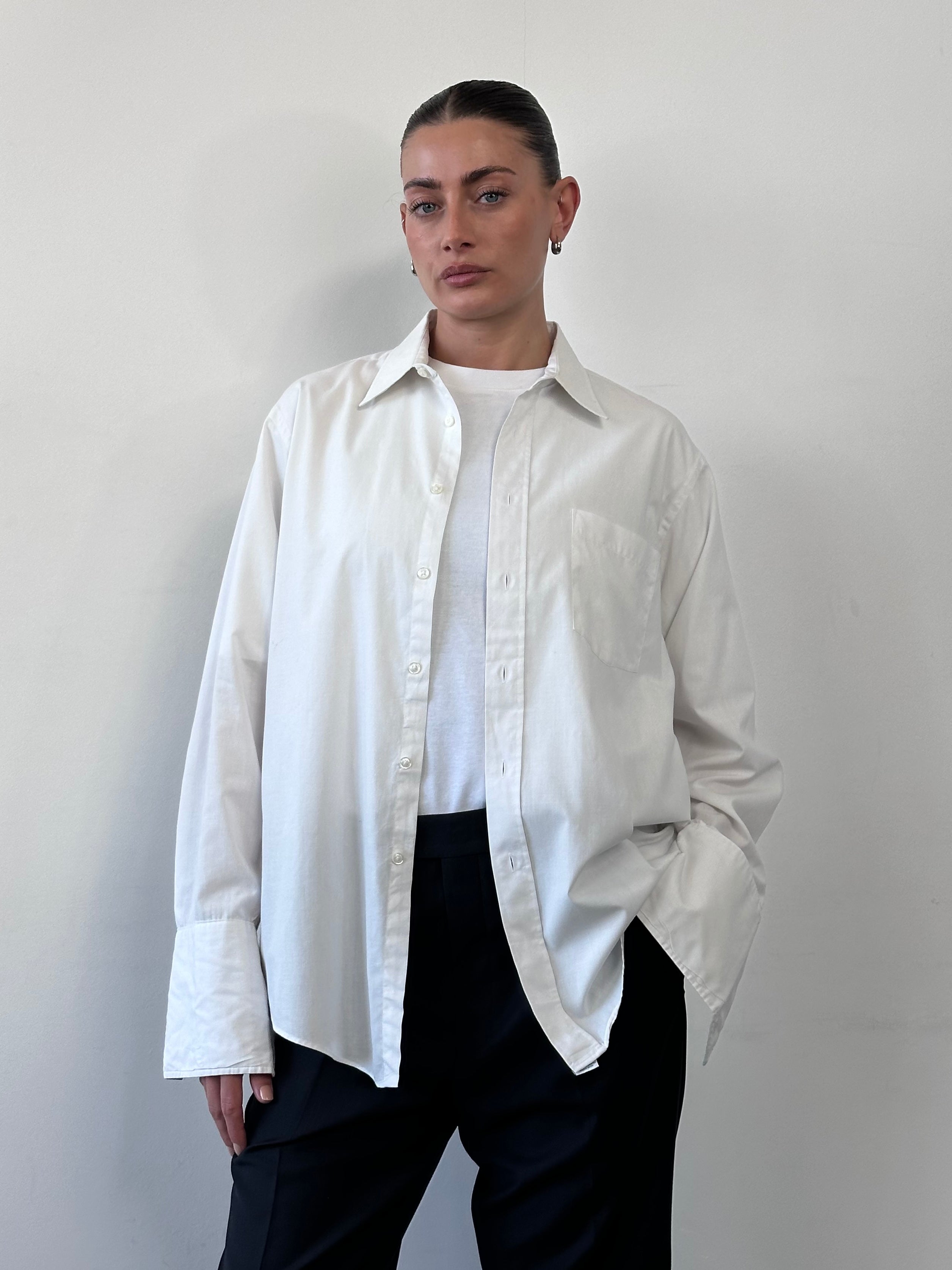 Christian Dior Monsieur cotton dress shirt in size L, white with a classic collar and button-up front, tailored fit for formal wear.