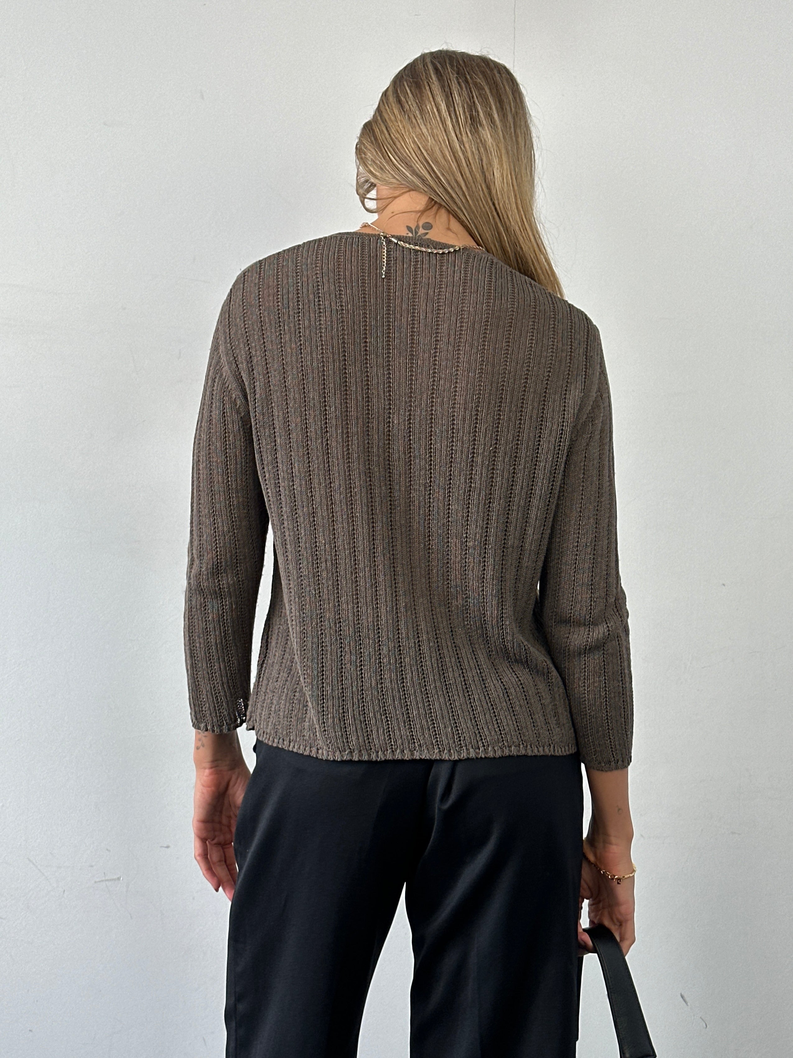Max Mara knitted crochet cardigan in size M, featuring a soft, textured knit with long sleeves and a relaxed fit.