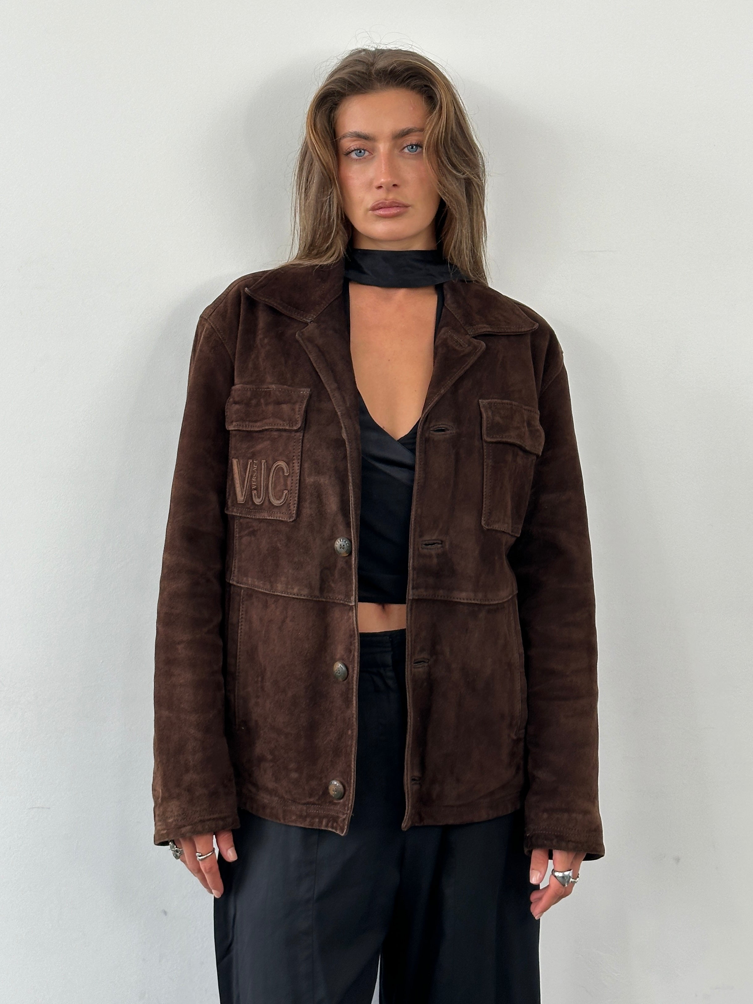 Versace Jeans Couture 1990s suede logo jacket in size L, featuring a classic design with the brand's signature emblem.