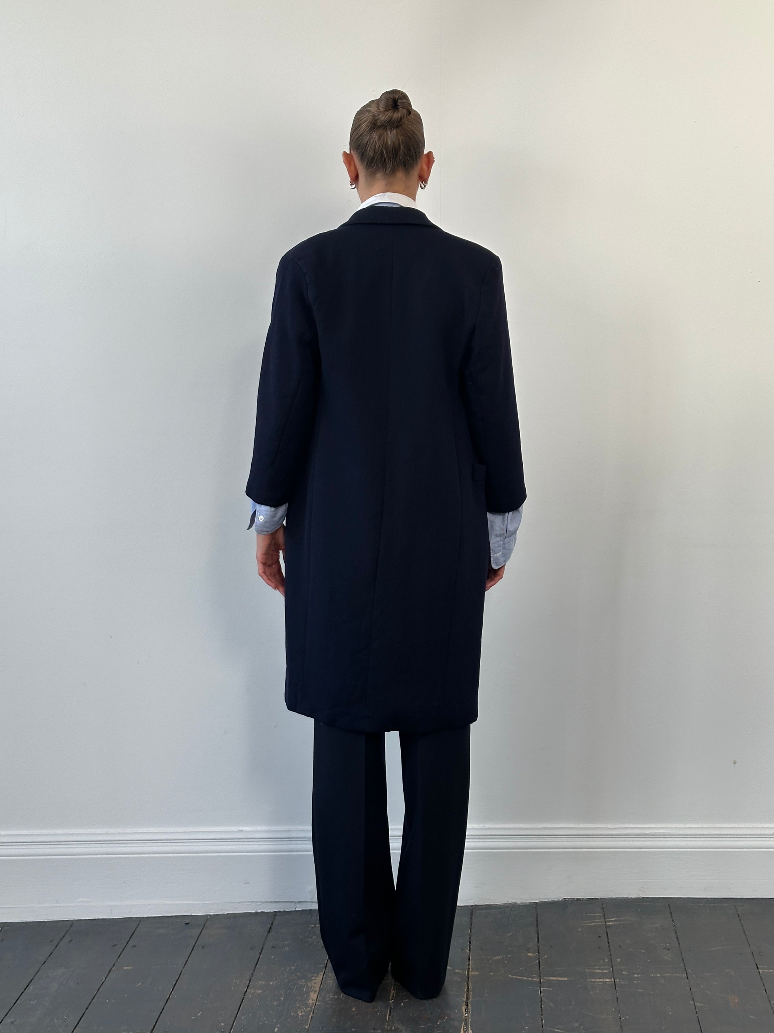 Christian Dior 1980s pure wool double-breasted coat in size S, showcasing classic design and tailored fit.