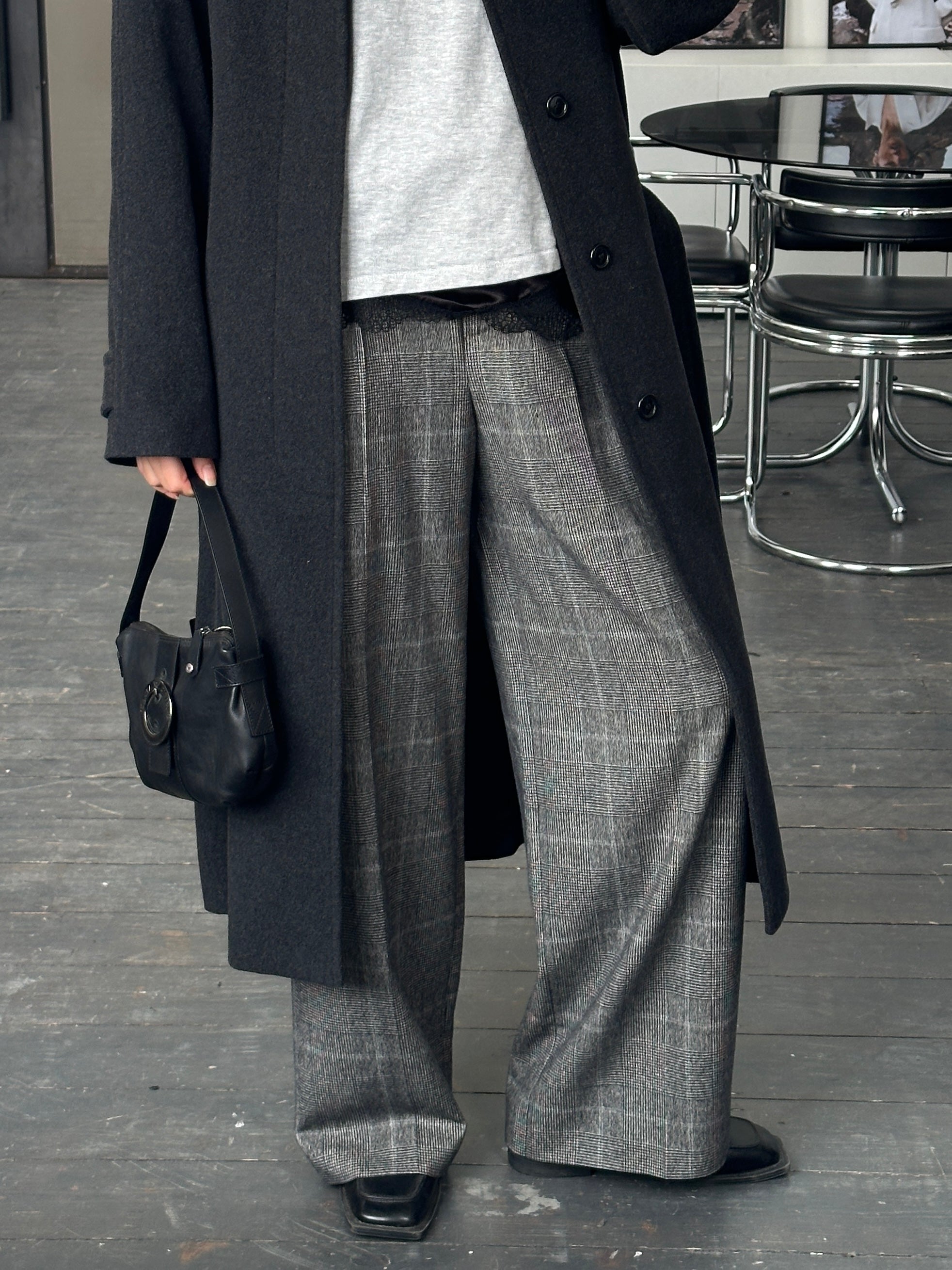 Max Mara 2000s Brushed Wool High Waisted Wide Leg Check Trousers - W28 - SYLK