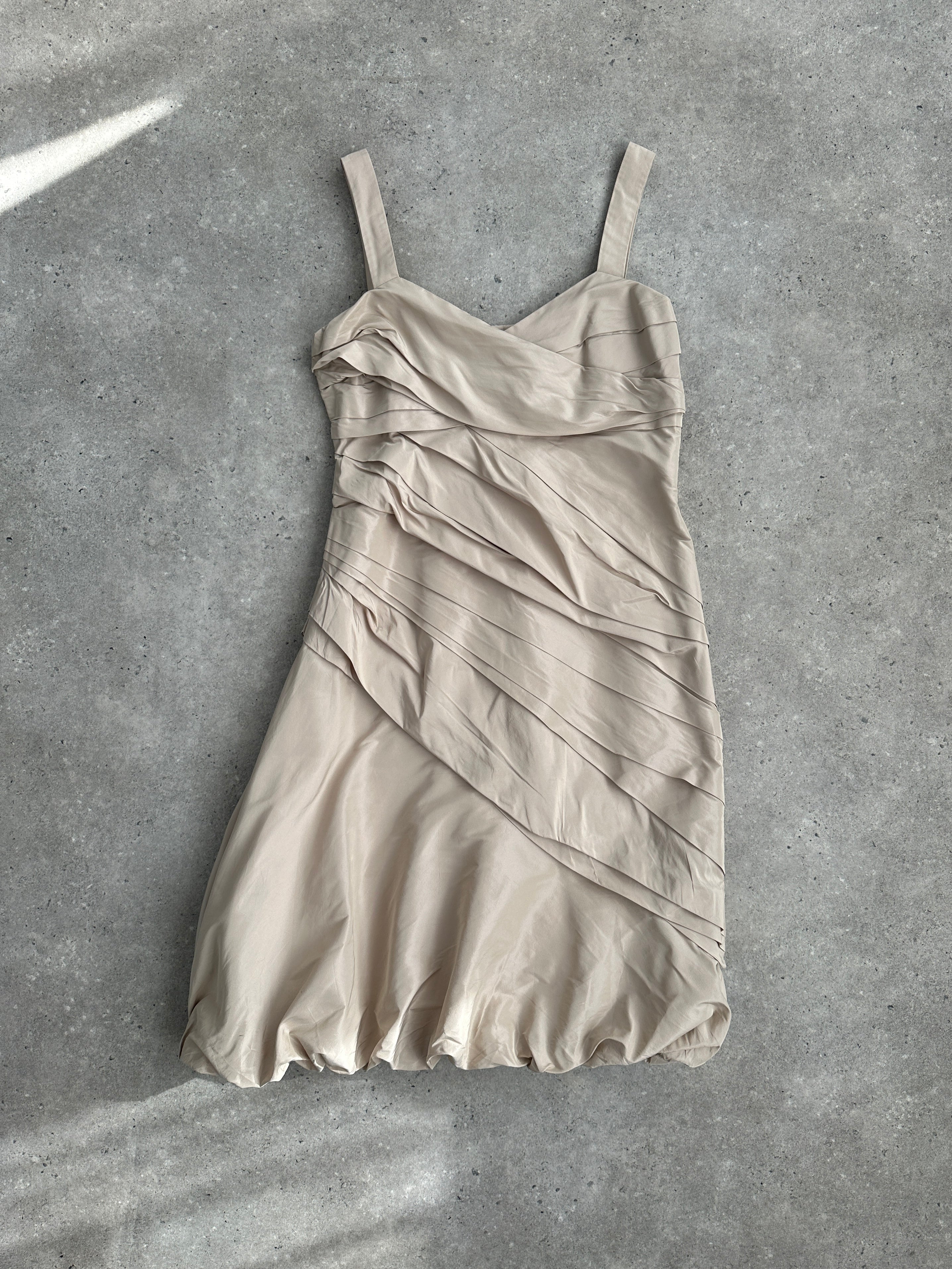 Max Mara silk mini dress with asymmetric bubble hem, UK size 10, showcasing elegant fabric and stylish design.