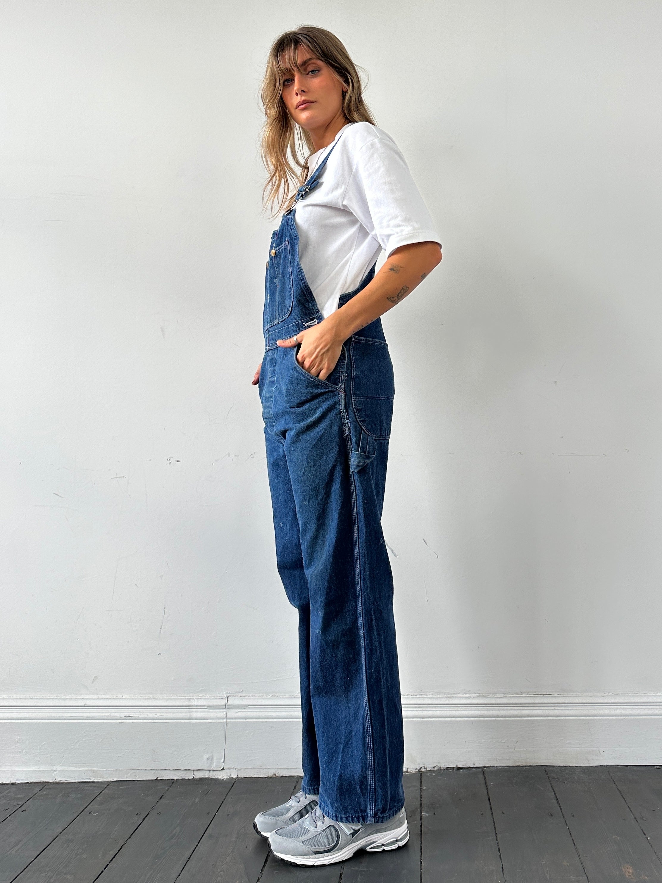 Dickies pure cotton denim dungarees in XS/S size, featuring classic blue denim fabric and adjustable straps.