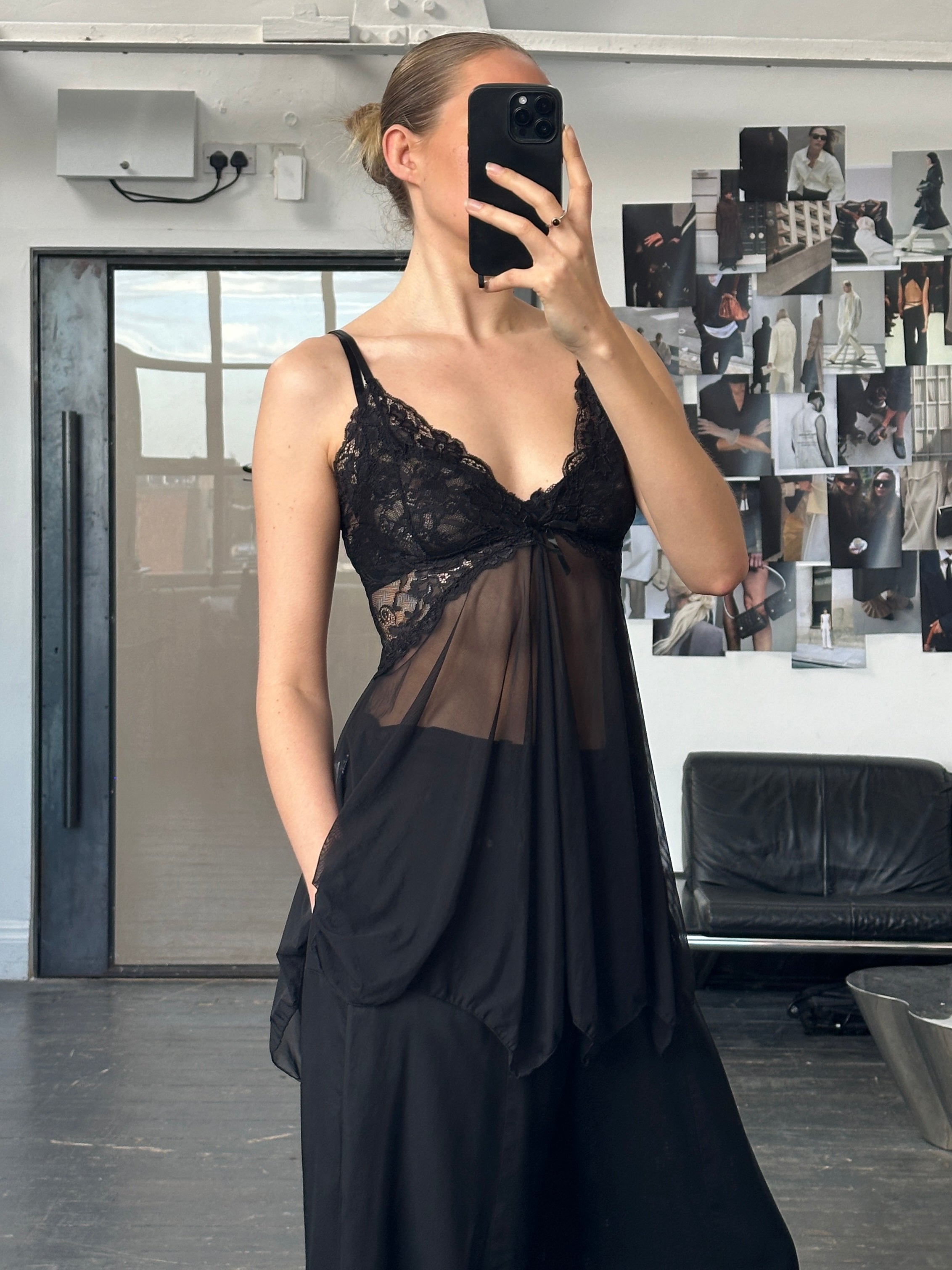 Vintage 1990s sheer lace mesh babydoll top, size S/M, featuring delicate floral lace and lightweight, semi-transparent fabric.