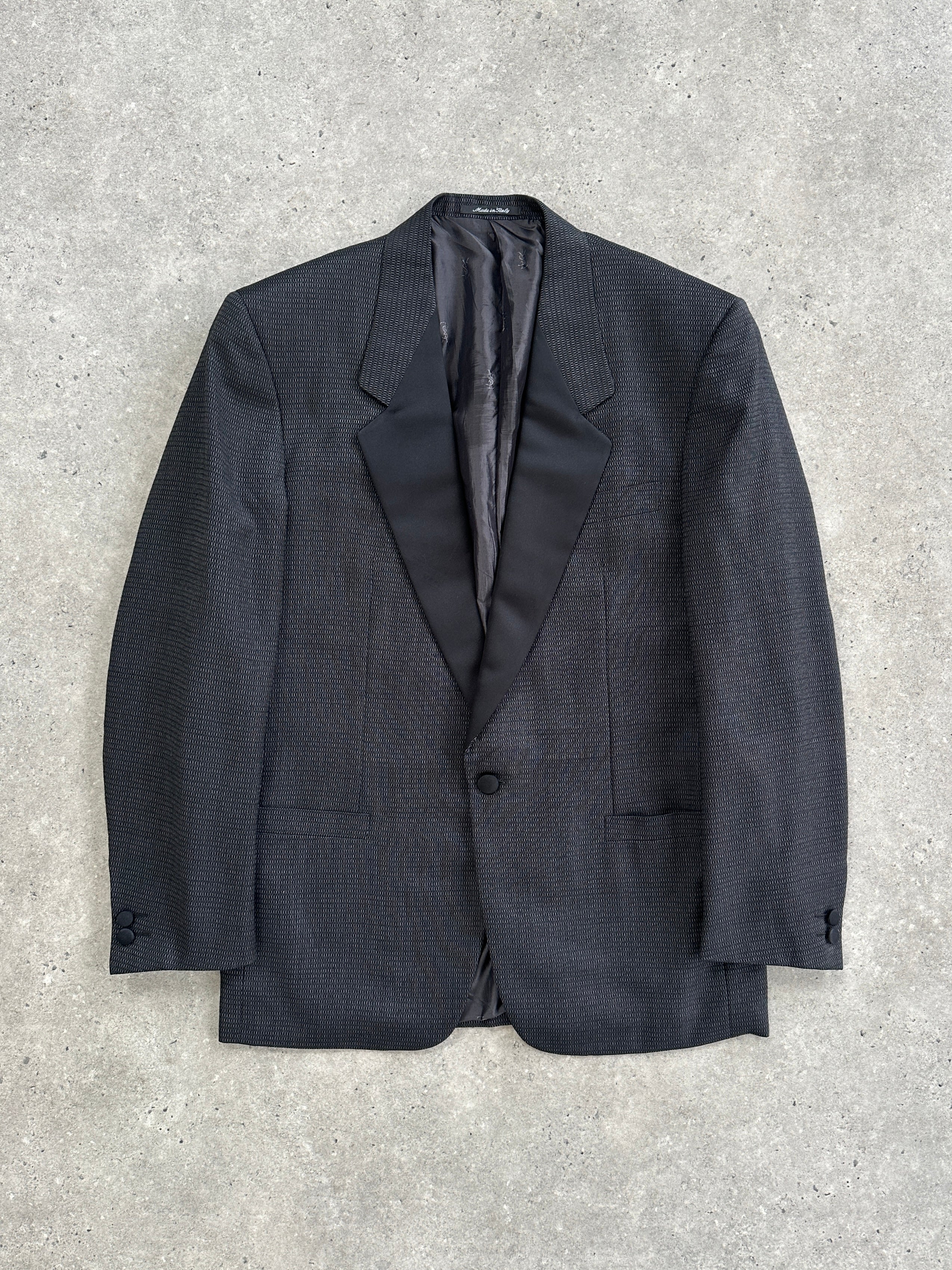 Yves Saint Laurent Diffusion Hommes 1980s wool silk tuxedo blazer, single button, size 38R/M, black, tailored fit.