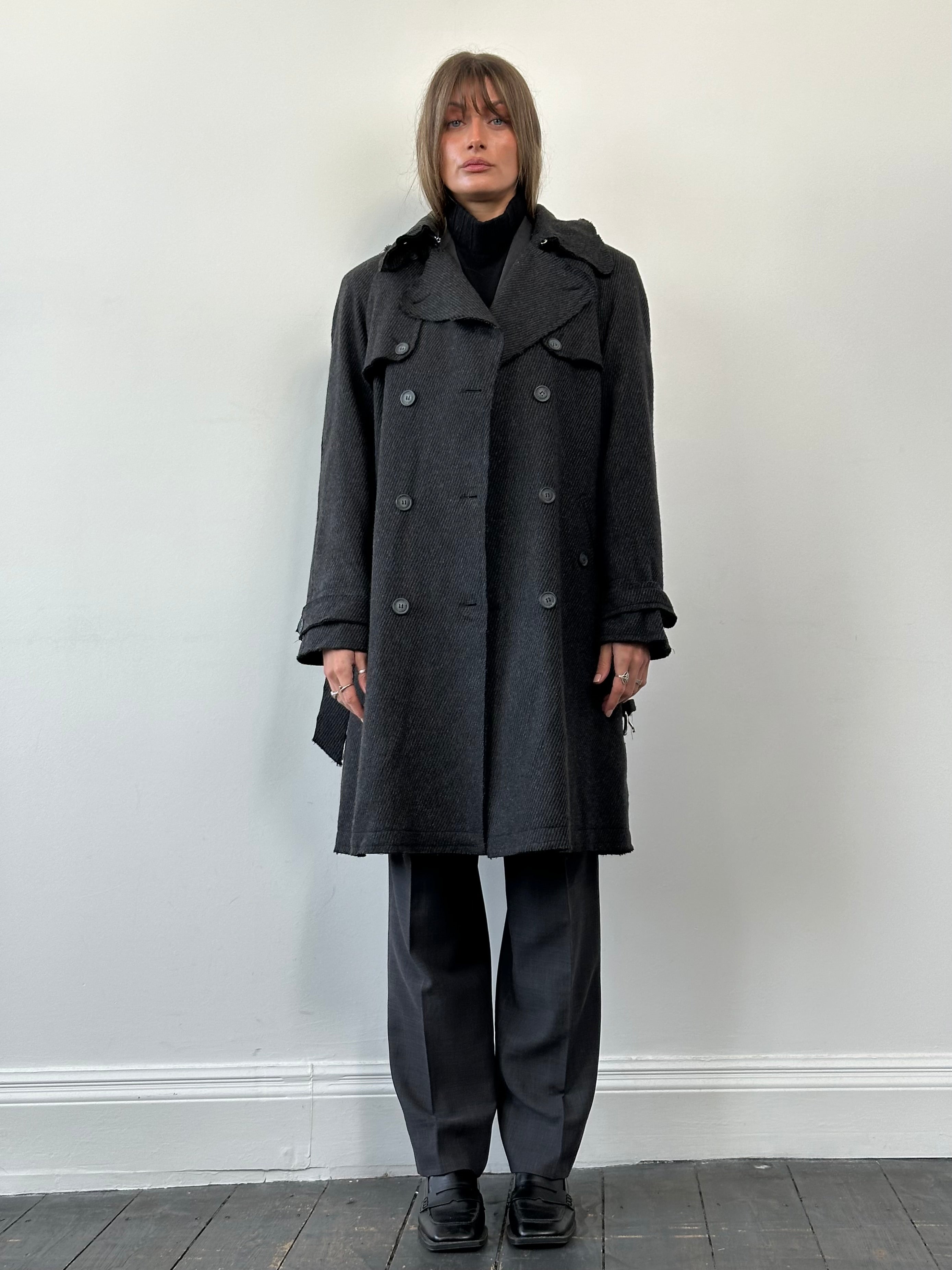 Dolce & Gabbana 2000s wool double-breasted belted coat in size L, featuring classic design and tailored fit.
