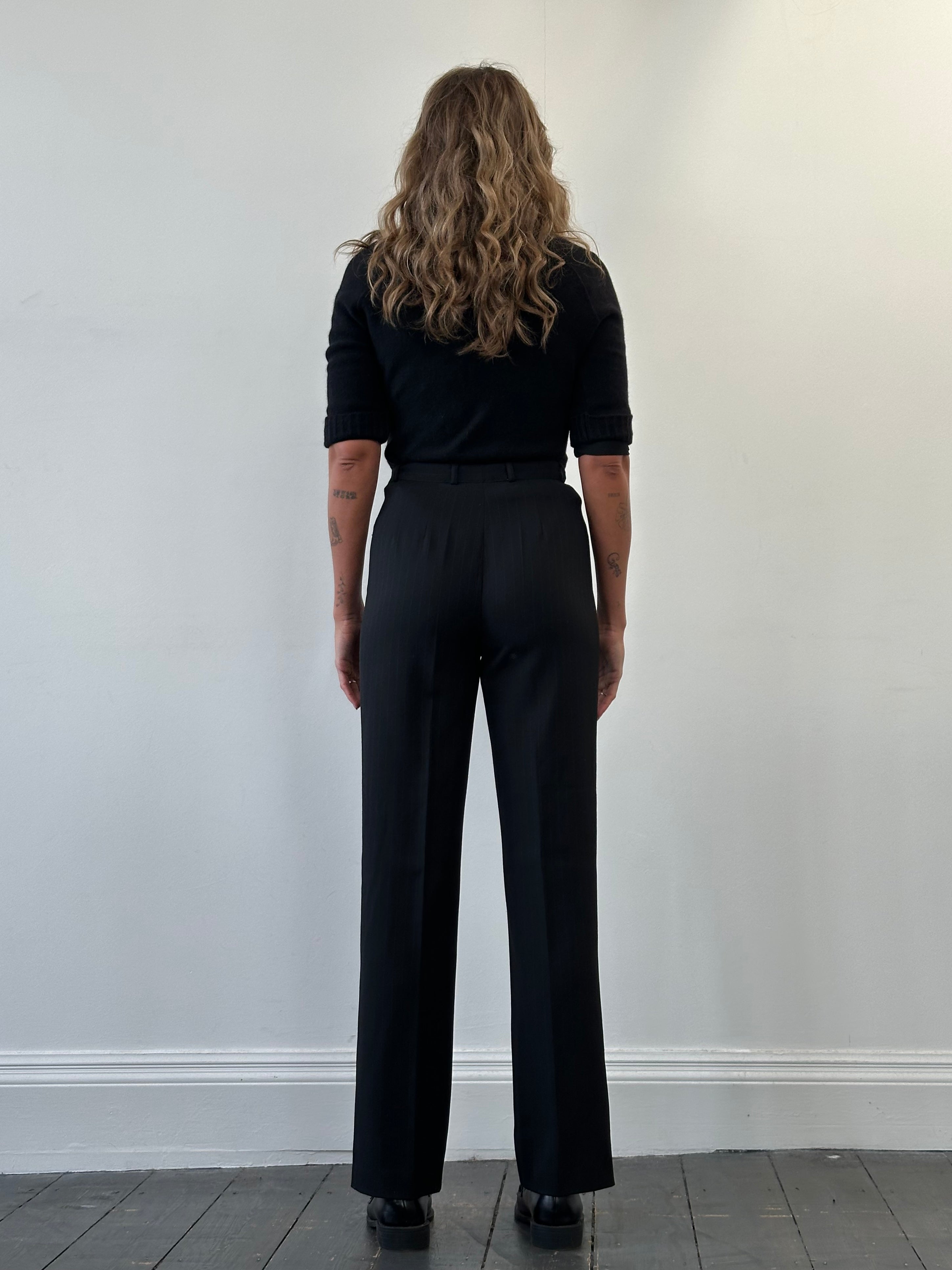 Salvatore Ferragamo high-waisted wool striped tailored trousers with a slim fit and classic design, front view.