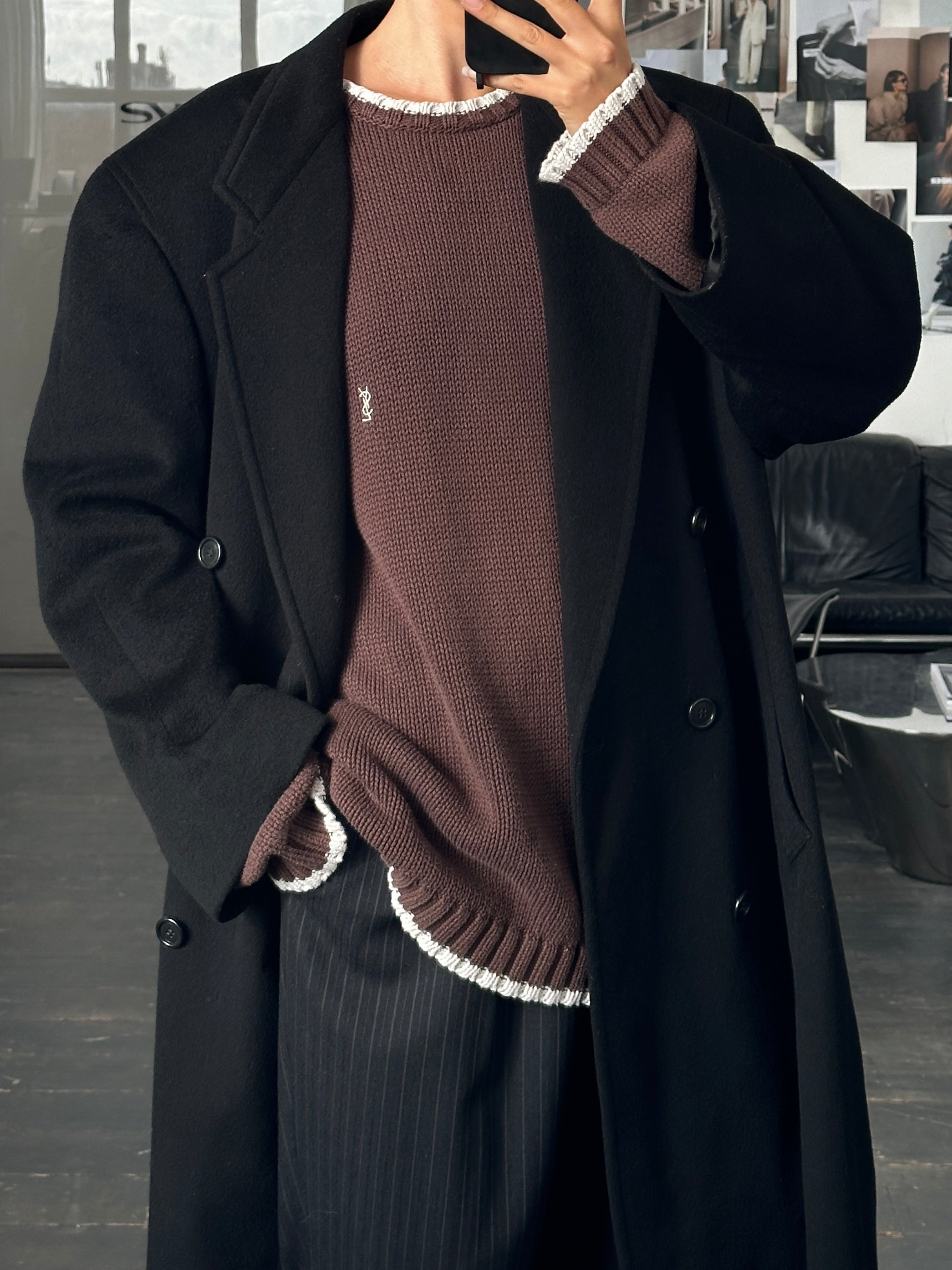 Pierre Cardin 1990s pure wool double-breasted coat in XXL, shown on a hanger, featuring classic tailored design and dark color fabric.