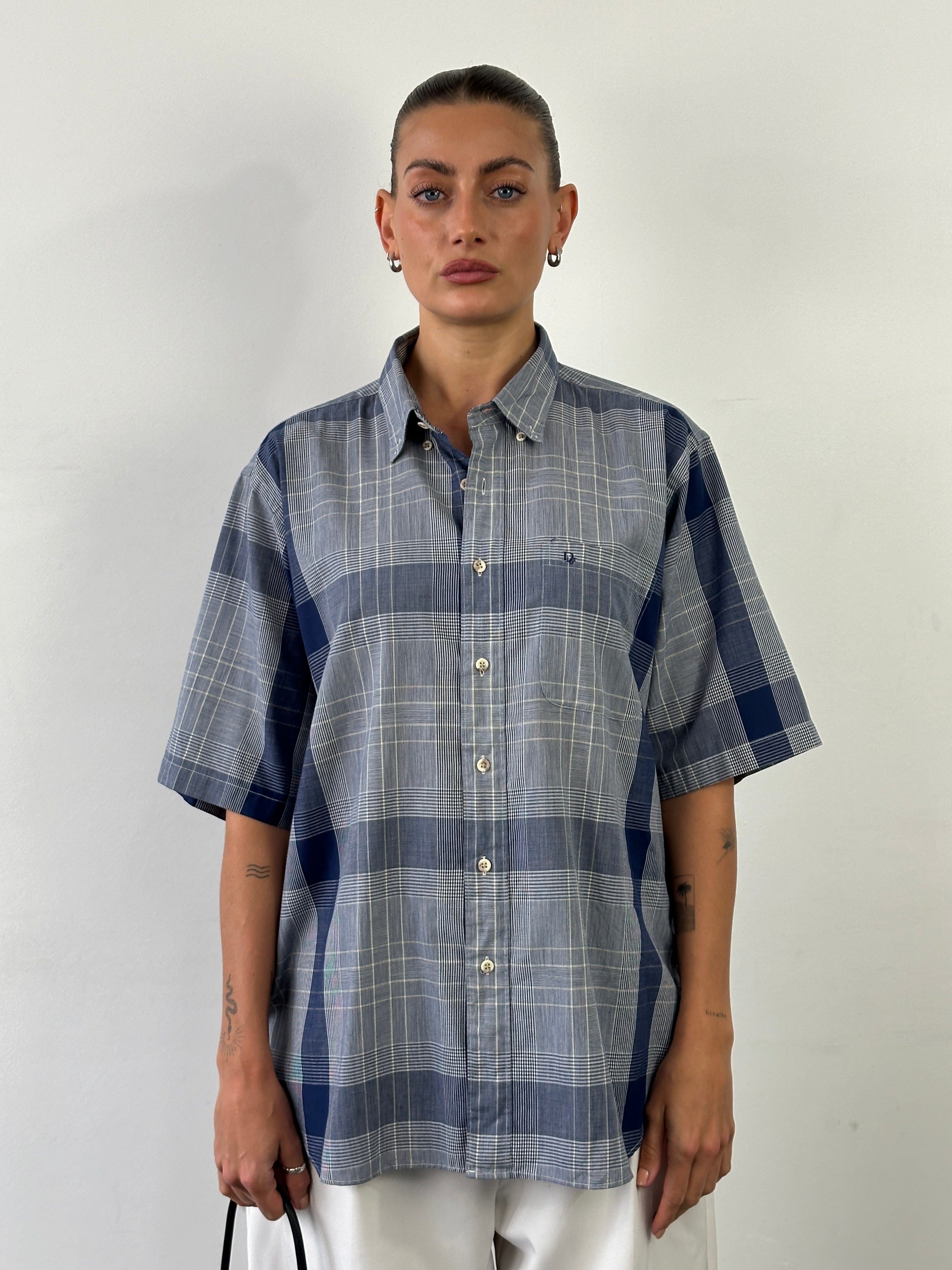 Christian Dior Monsieur check cotton shirt in XL, featuring a classic pattern and tailored fit, displayed on a hanger.