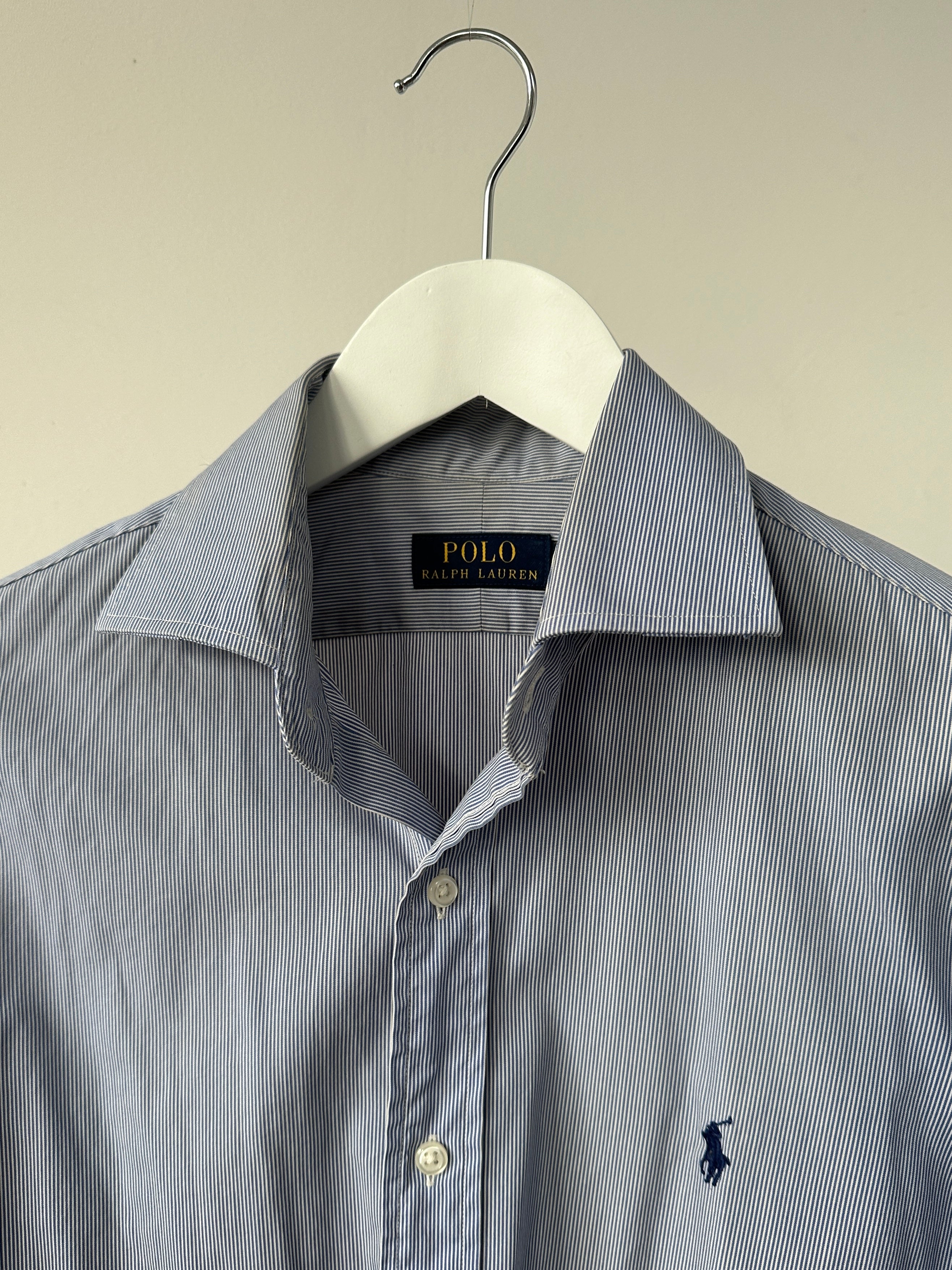 Ralph Lauren pinstripe pure cotton logo shirt in size M, featuring classic blue and white vertical stripes and a polo logo.