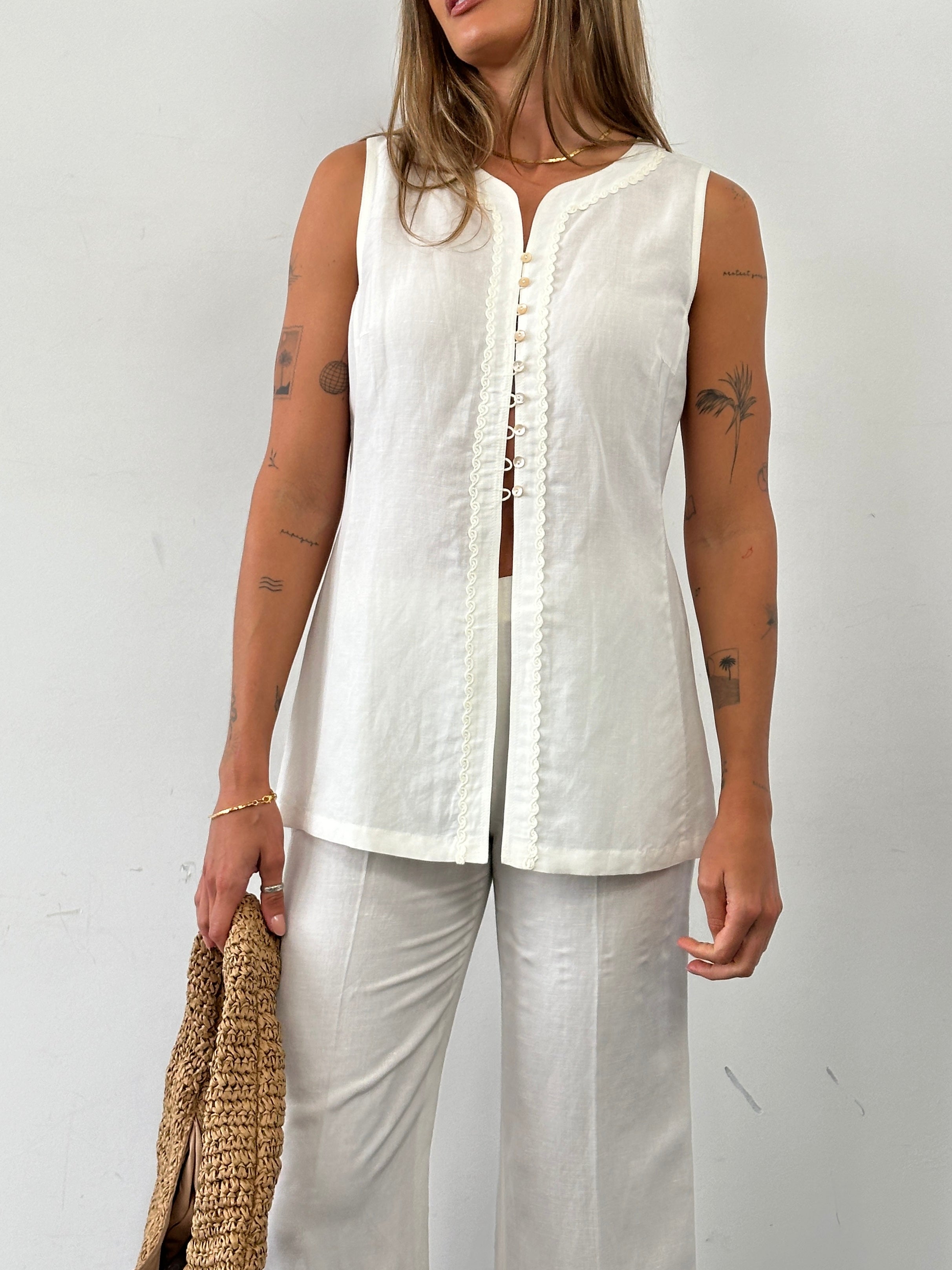 Marella linen embroidery waistcoat and trousers two-piece set in natural fabric, front view showing detailed embroidery and tailored fit.