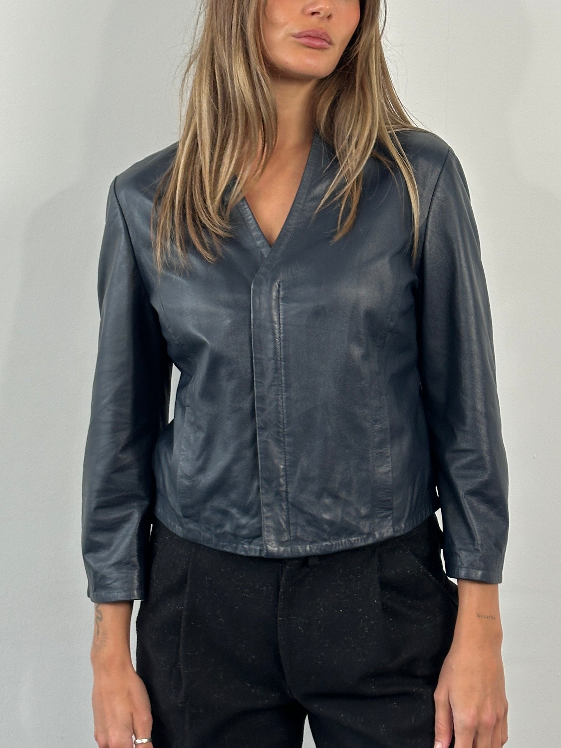 Armani Jeans 2000s lamb leather jacket in size S, black with classic collar and zip closure, stylish and high-quality leather exterior.