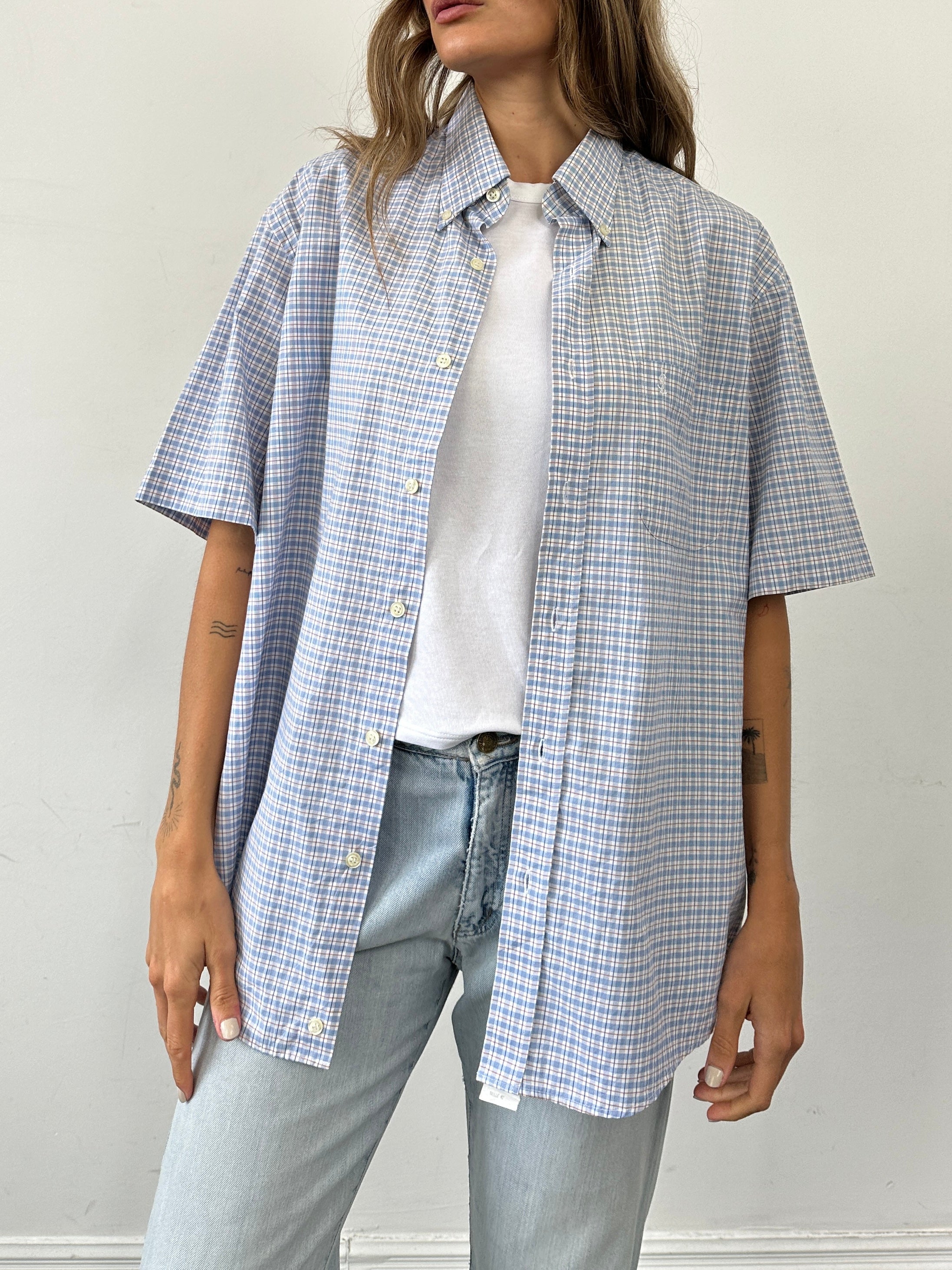Yves Saint Laurent Pour Homme check cotton short sleeve shirt in XL with logo detail, casual men's fashion shirt.