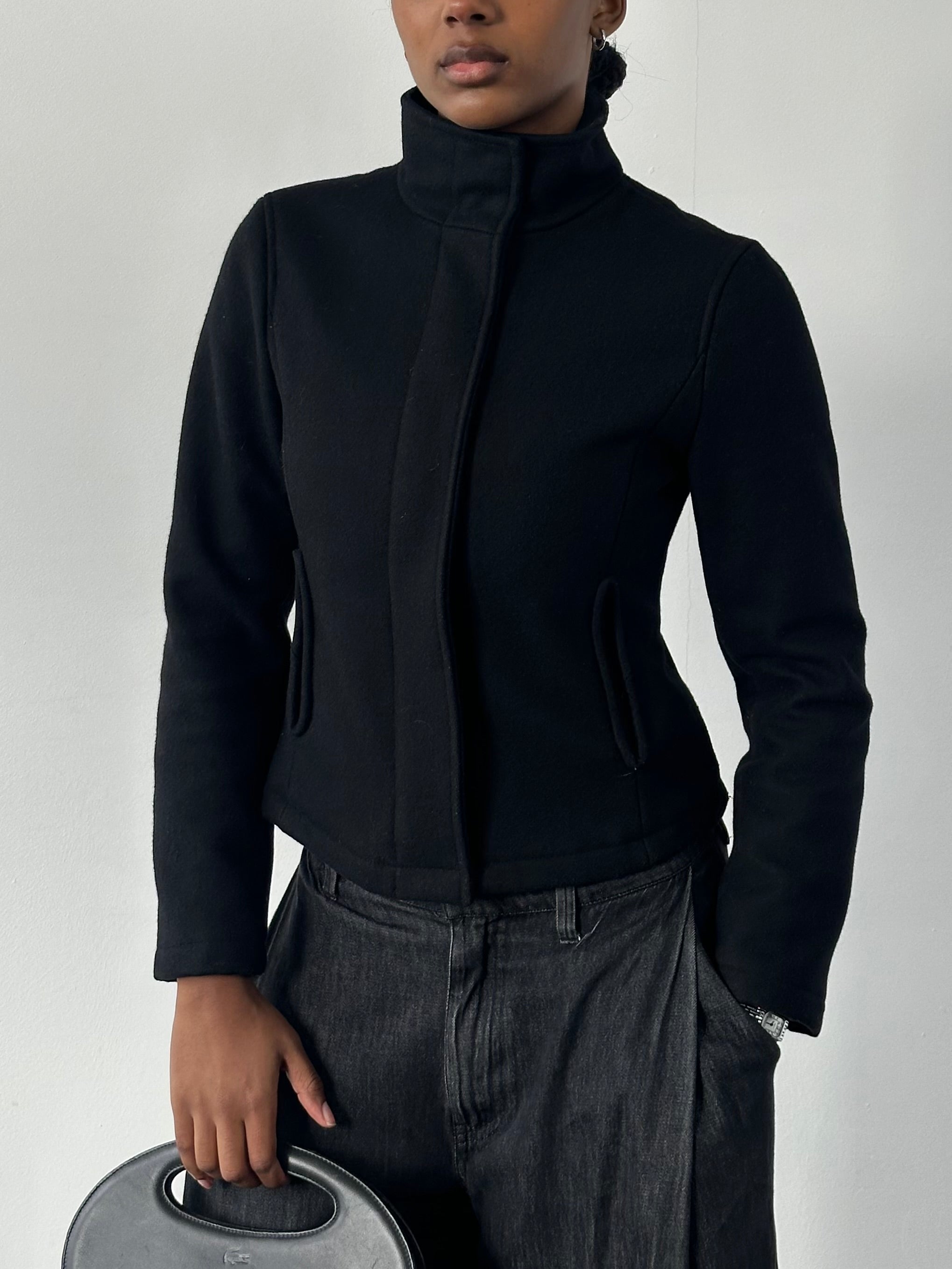 Armani Jeans 2000s wool high-neck minimal jacket in size S, dark-colored with clean design and tailored fit.
