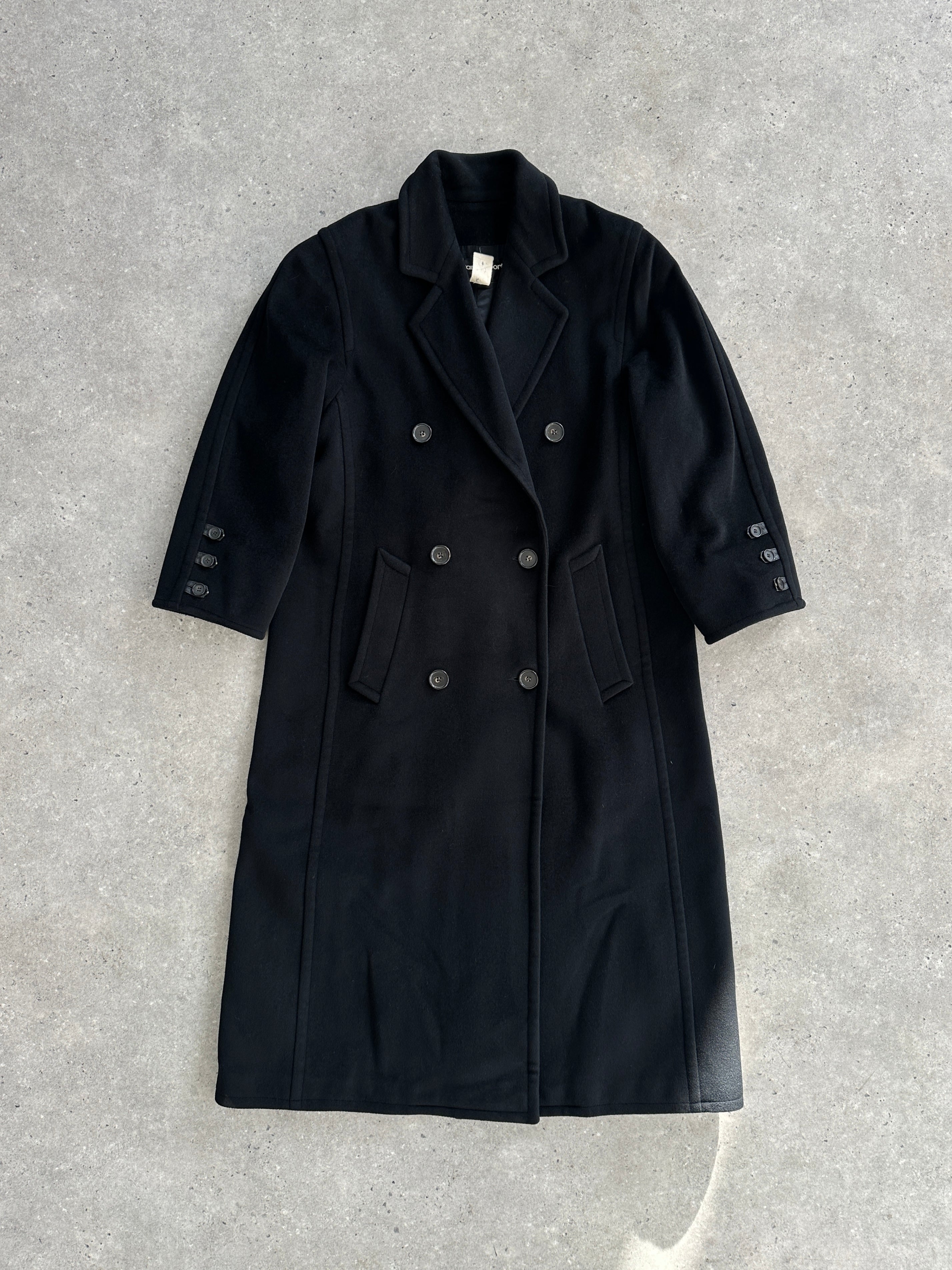 Vintage wool and cashmere double-breasted coat in size M/L, shown hanging with classic tailored style and textured fabric.