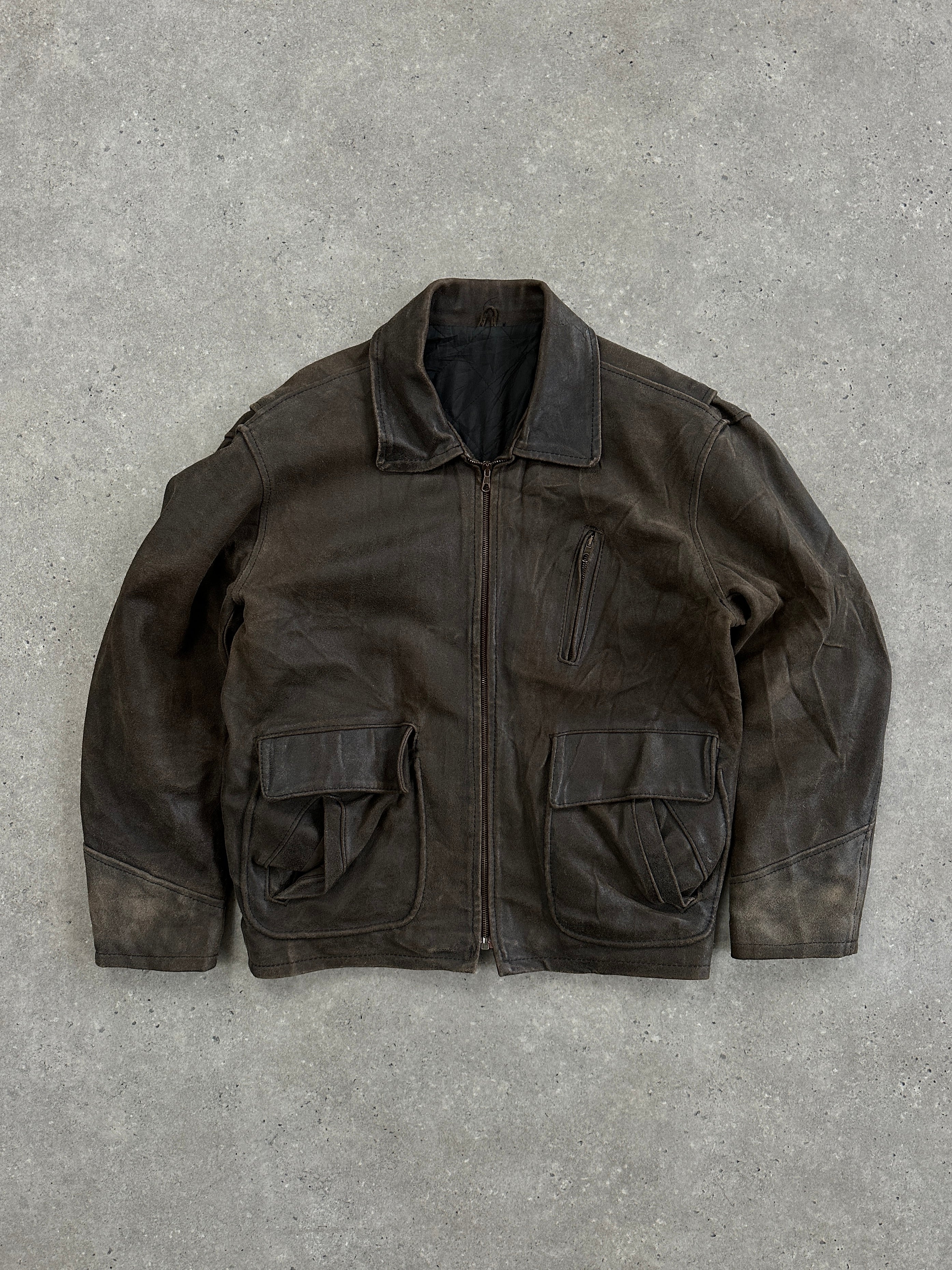 Vintage Italian 1980s distressed leather jacket, XL size, featuring worn leather and classic vintage style.