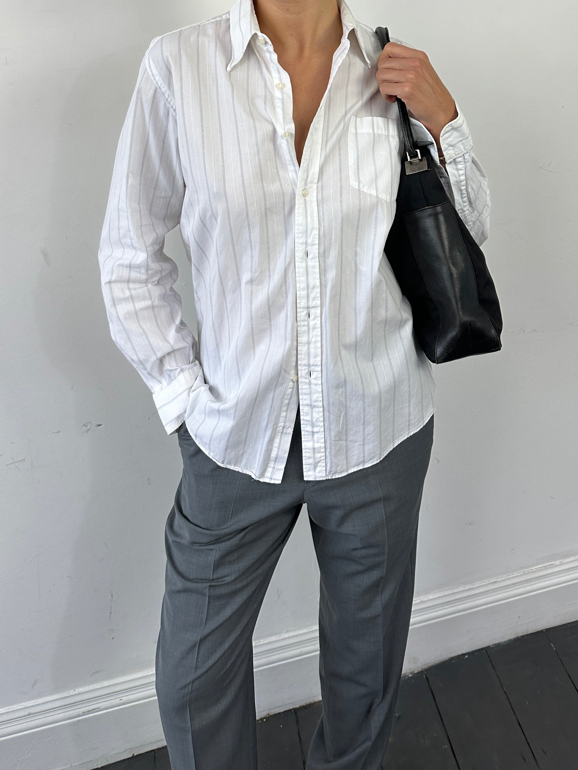 Yves Saint Laurent pinstripe pure cotton shirt in size M, featuring classic button-down design and tailored fit.