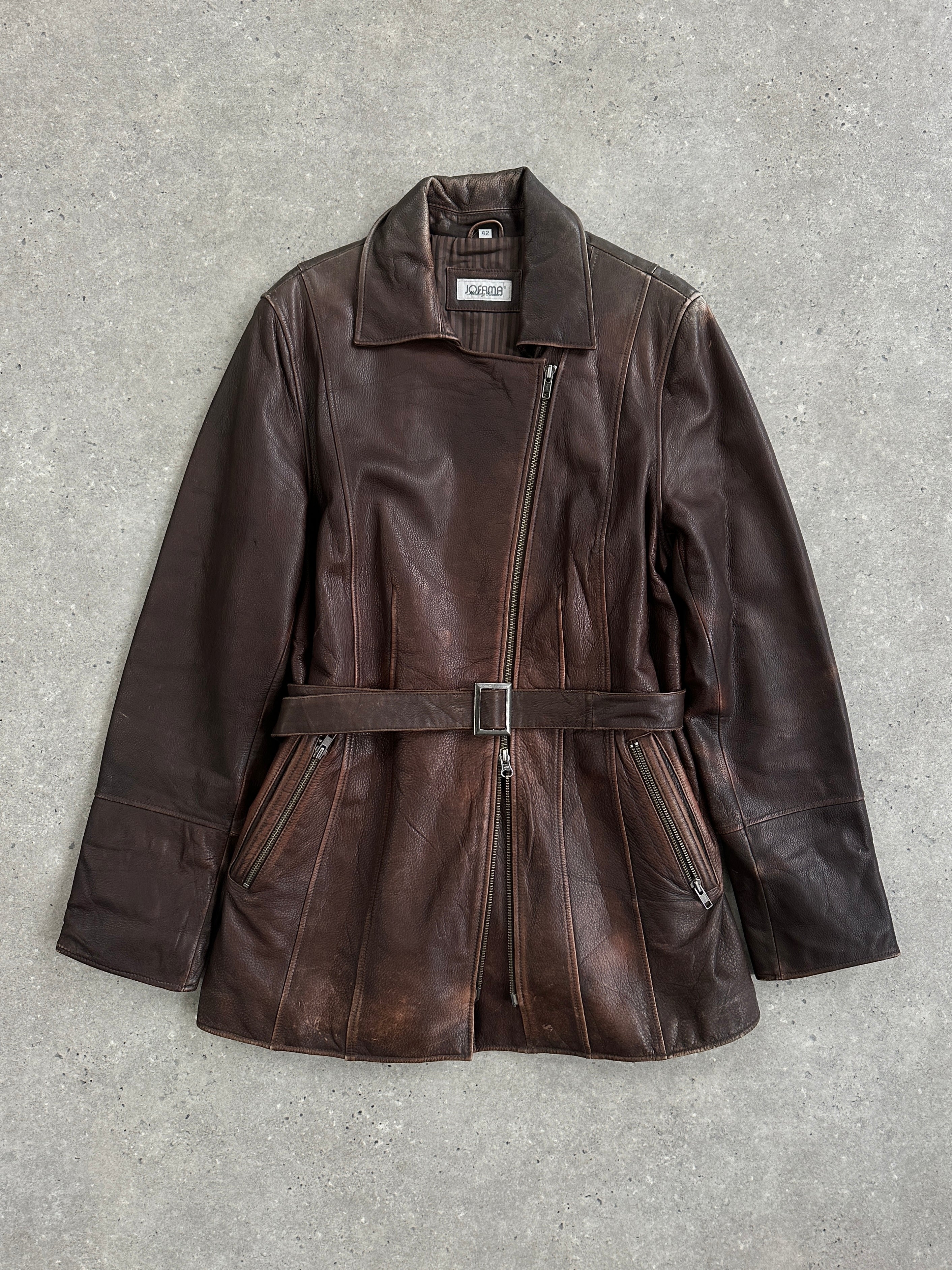 Vintage 1990s aged leather jacket with double zip and belt details, size large, classic retro style from the Vintage brand.