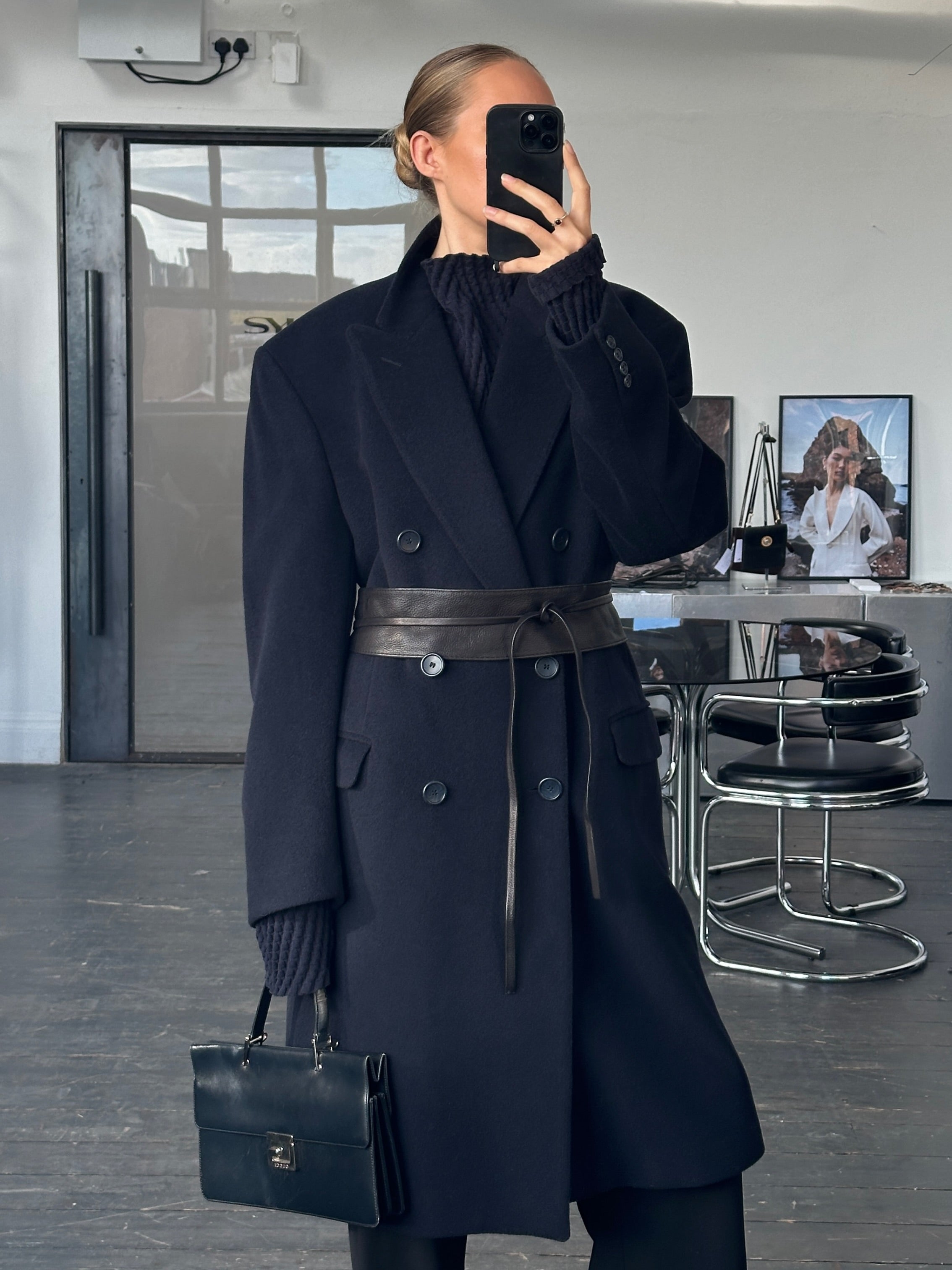 Vintage British 1990s wool and cashmere double-breasted coat in XL, classic vintage style with textured fabric and tailored fit.