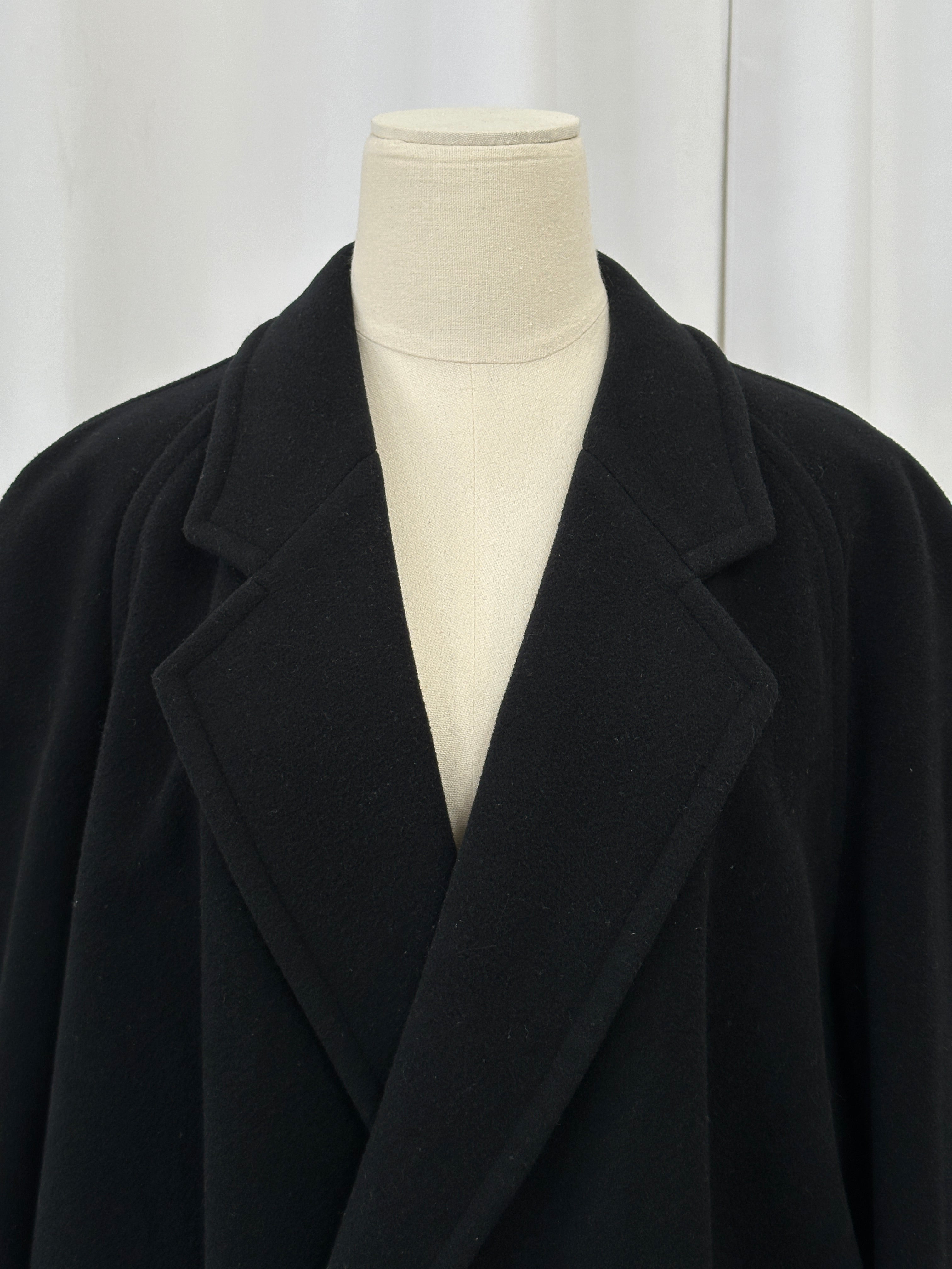 Vintage 1990s wool and cashmere double-breasted coat in XL, showcasing classic style and textured fabric.